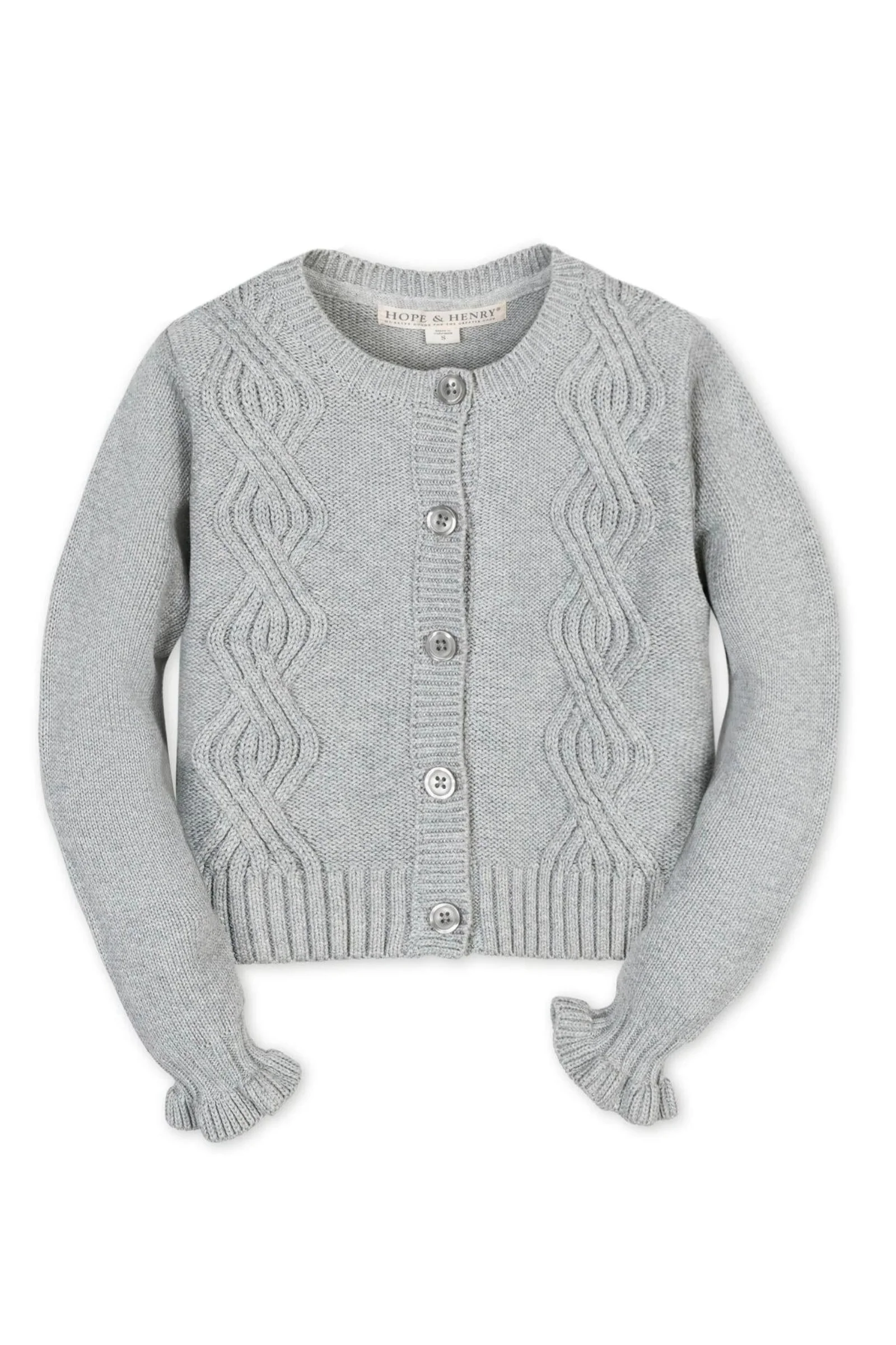Hope & Henry Organic Cotton Ruffle Cuff Cable Cardigan for Girls, Gray, Toddlers & Kids - Image 2