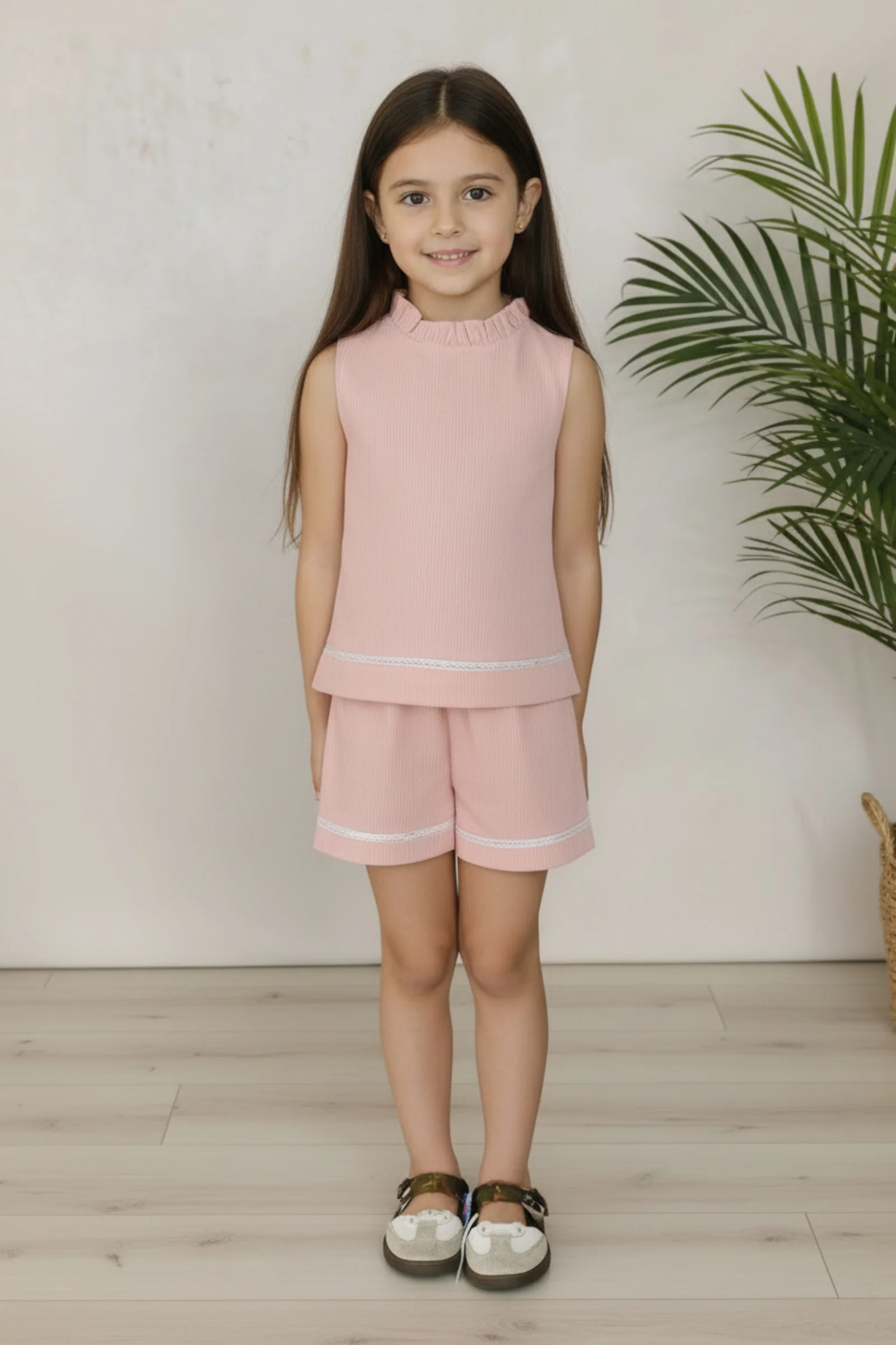 Hope & Henry Organic Cotton Ruffle Neck Seersucker Top for Girls, Rose, Sizes 2T-12