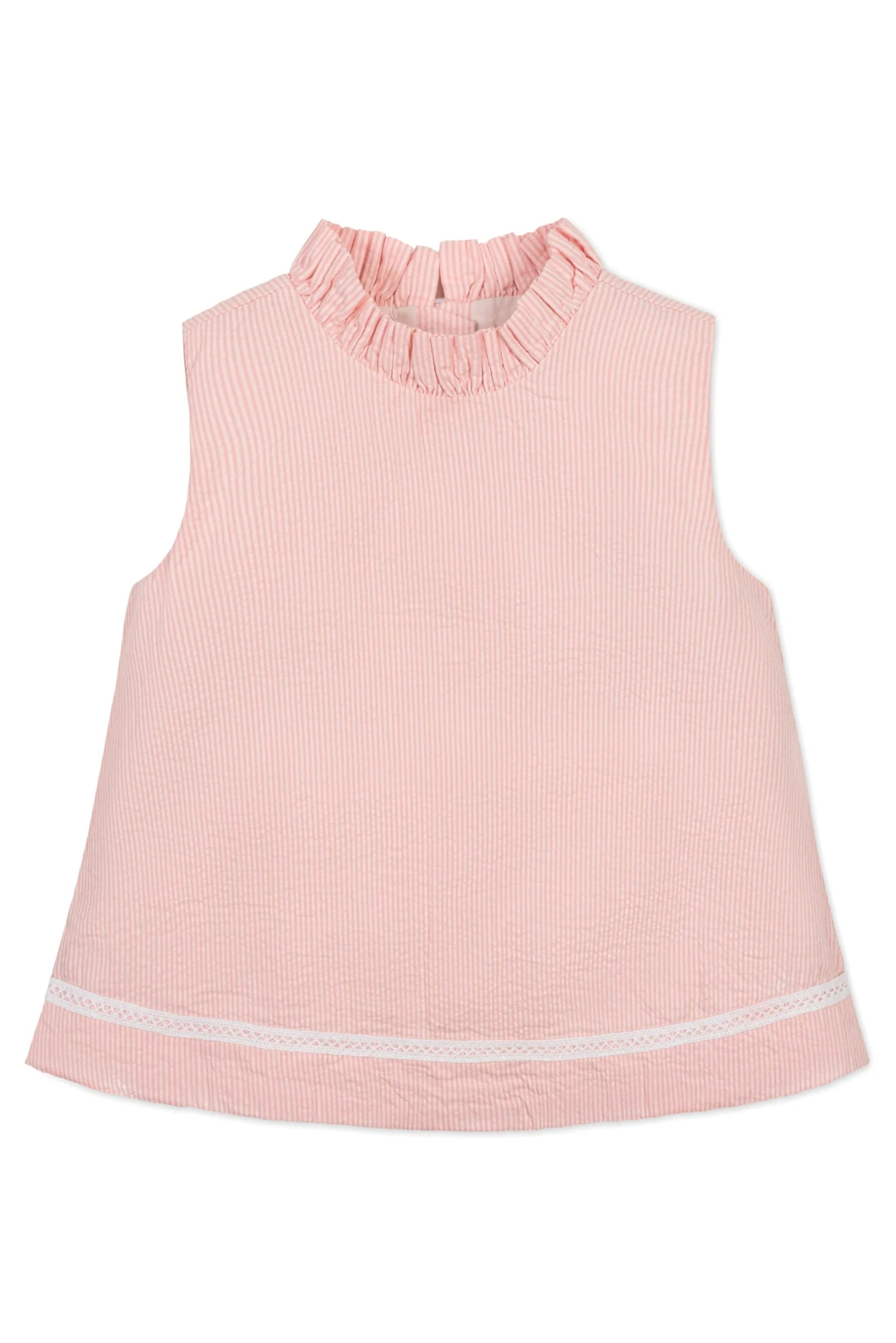 Hope & Henry Organic Cotton Ruffle Neck Seersucker Top for Girls, Rose, Sizes 2T-12 - Image 2