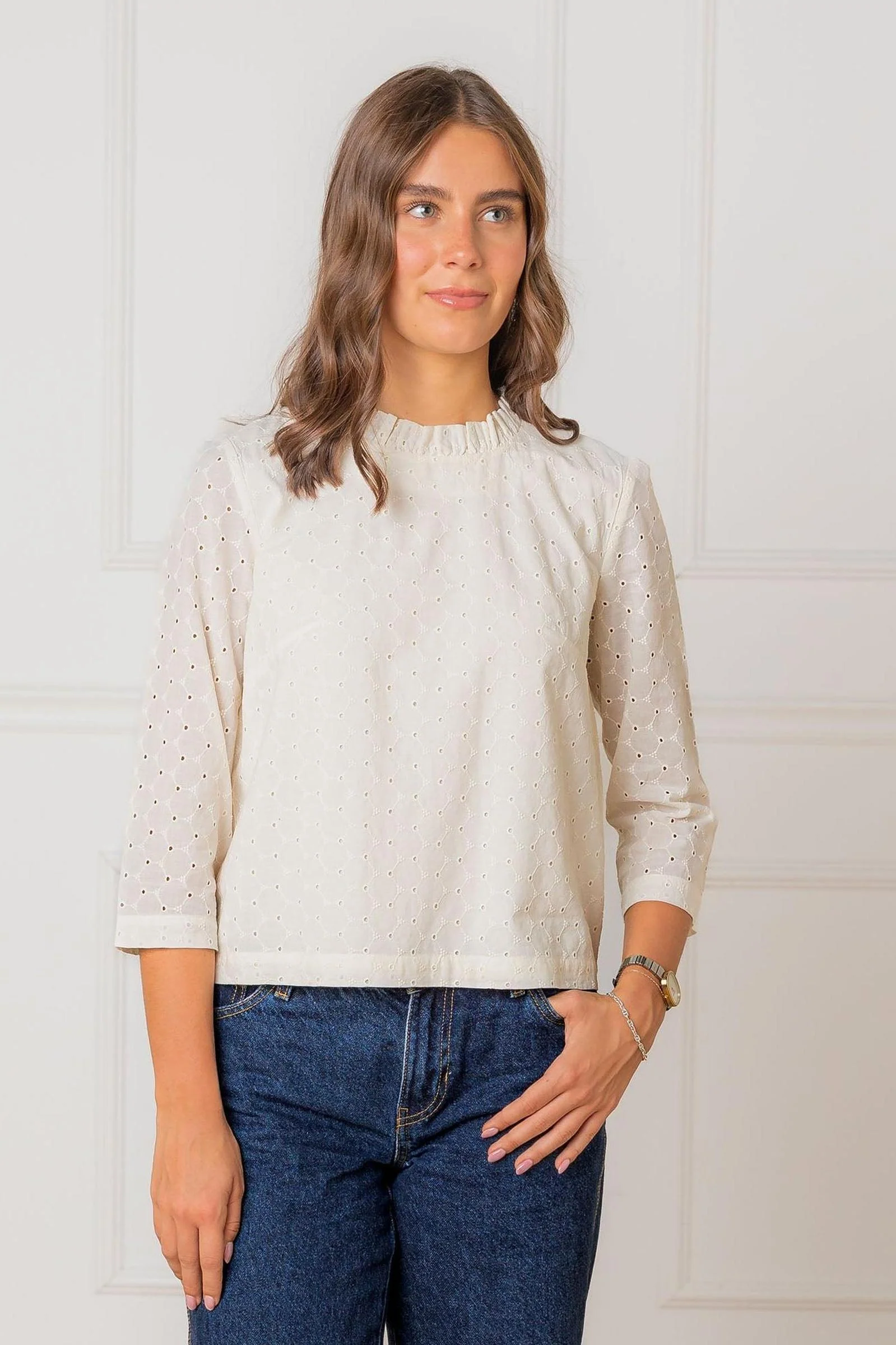 Organic Cotton Ruffle Neck Top, Ivory Eyelet, Women, Family Matching Outfits - Image 3