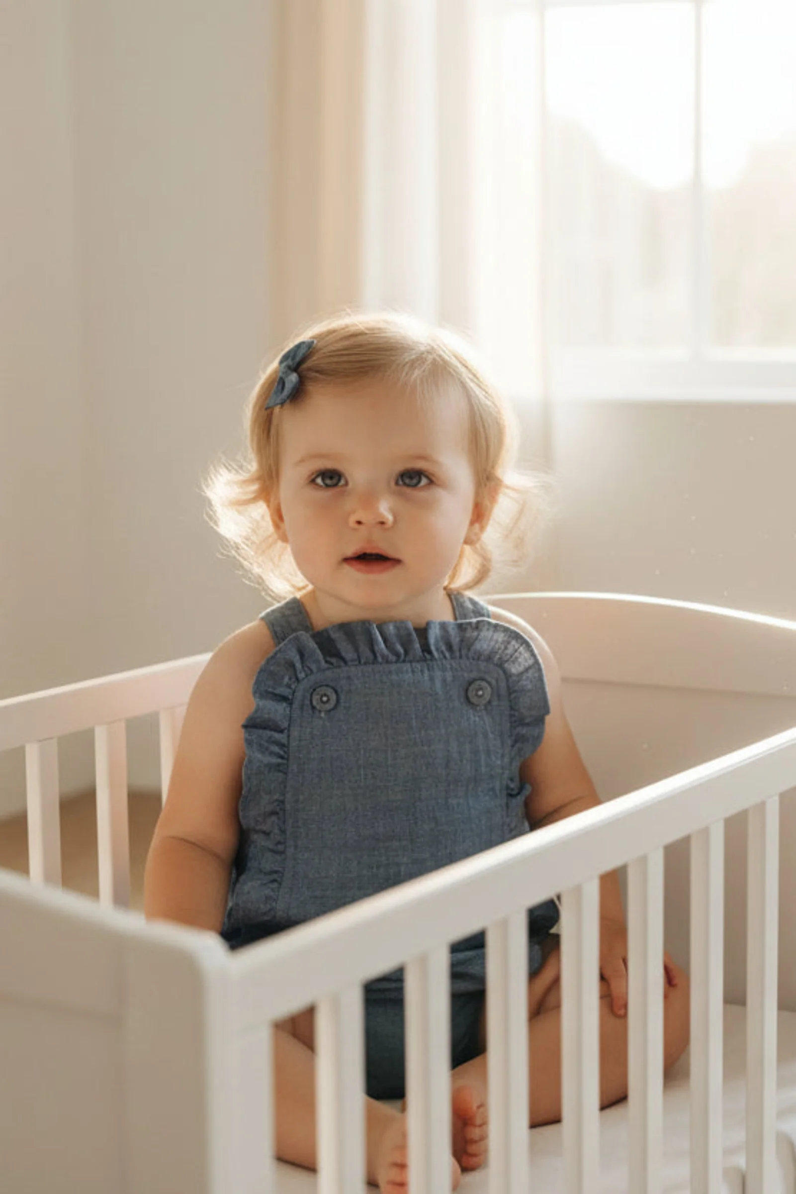 Hope & Henry Organic Cotton Ruffle Sunsuit for Girls, Blue Chambray Solid, Baby