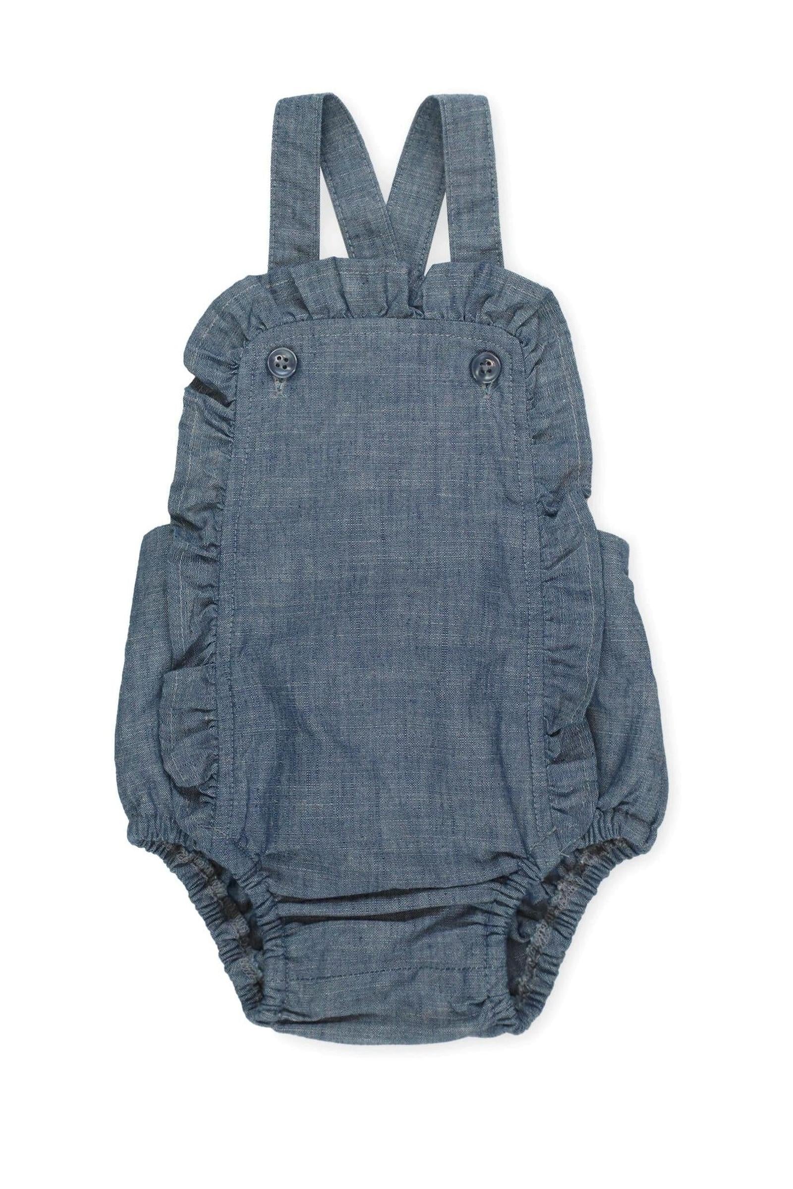 Hope & Henry Organic Cotton Ruffle Sunsuit for Girls, Blue Chambray Solid, Baby - Image 2