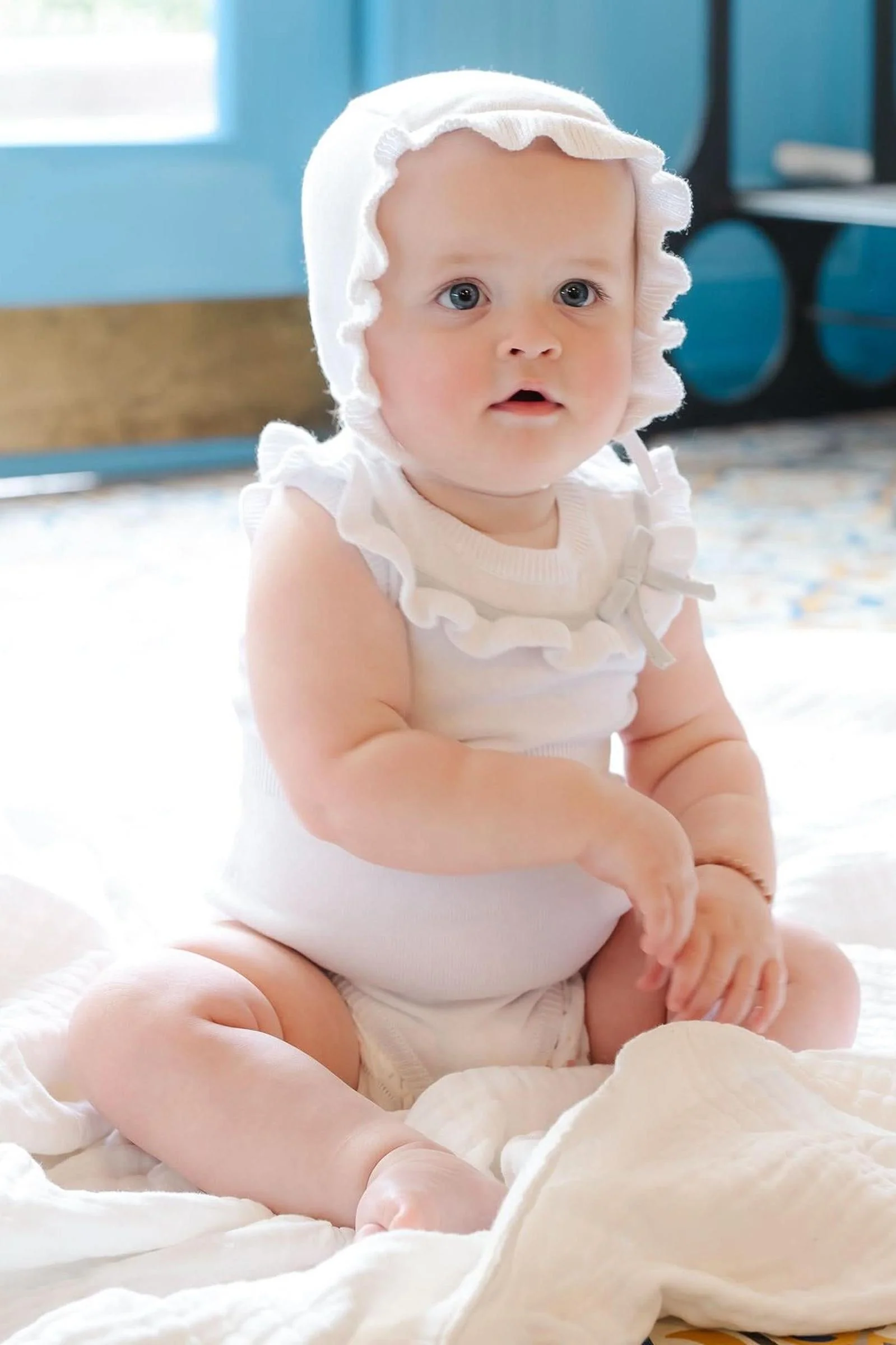 Hope & Henry Organic Cotton Ruffle Sweater Romper and Bonnet Set for Baby Girls, White, 0-12M