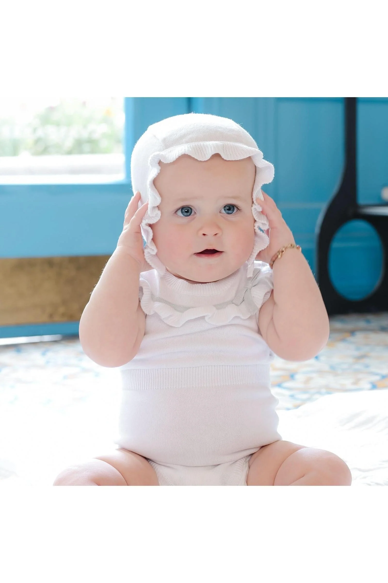 Hope & Henry Organic Cotton Ruffle Sweater Romper and Bonnet Set for Baby Girls, White, 0-12M - Image 3