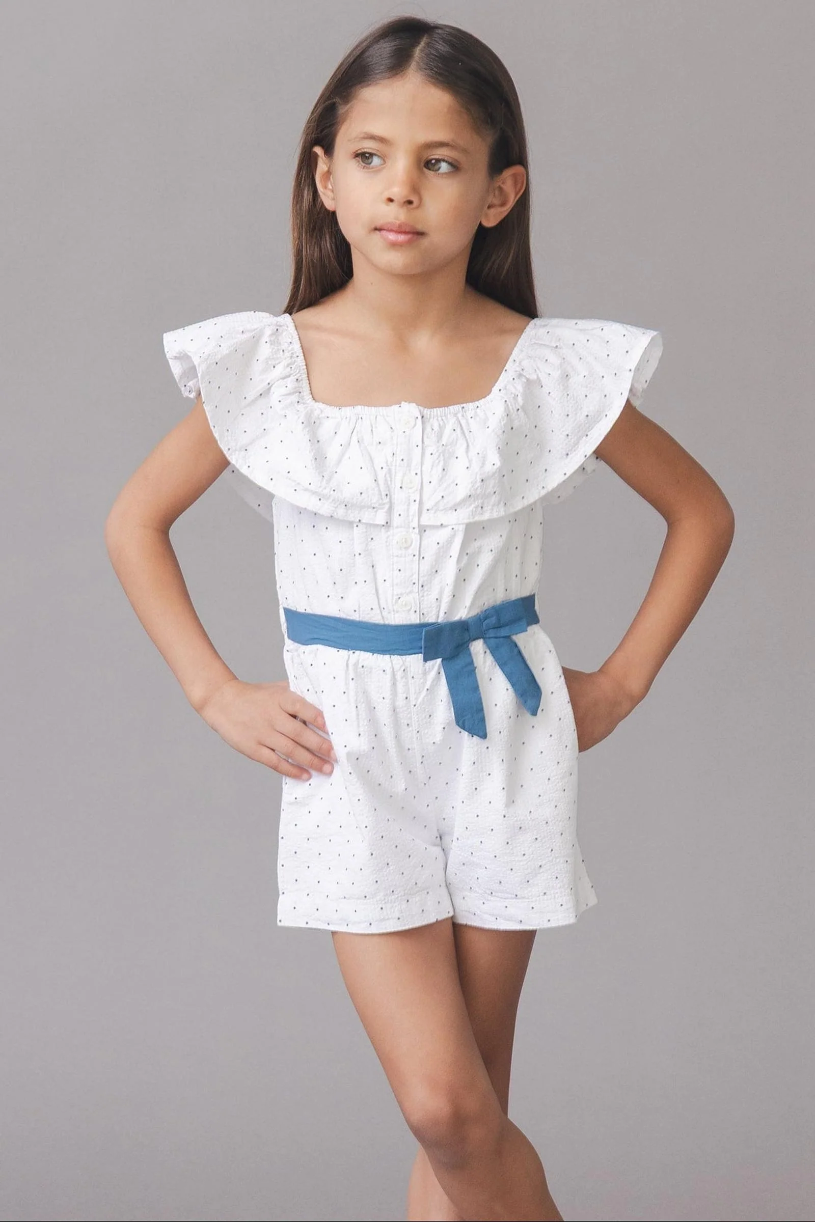 Organic Cotton Seersucker Ruffle Romper, Delft Dot, Toddler & Kids