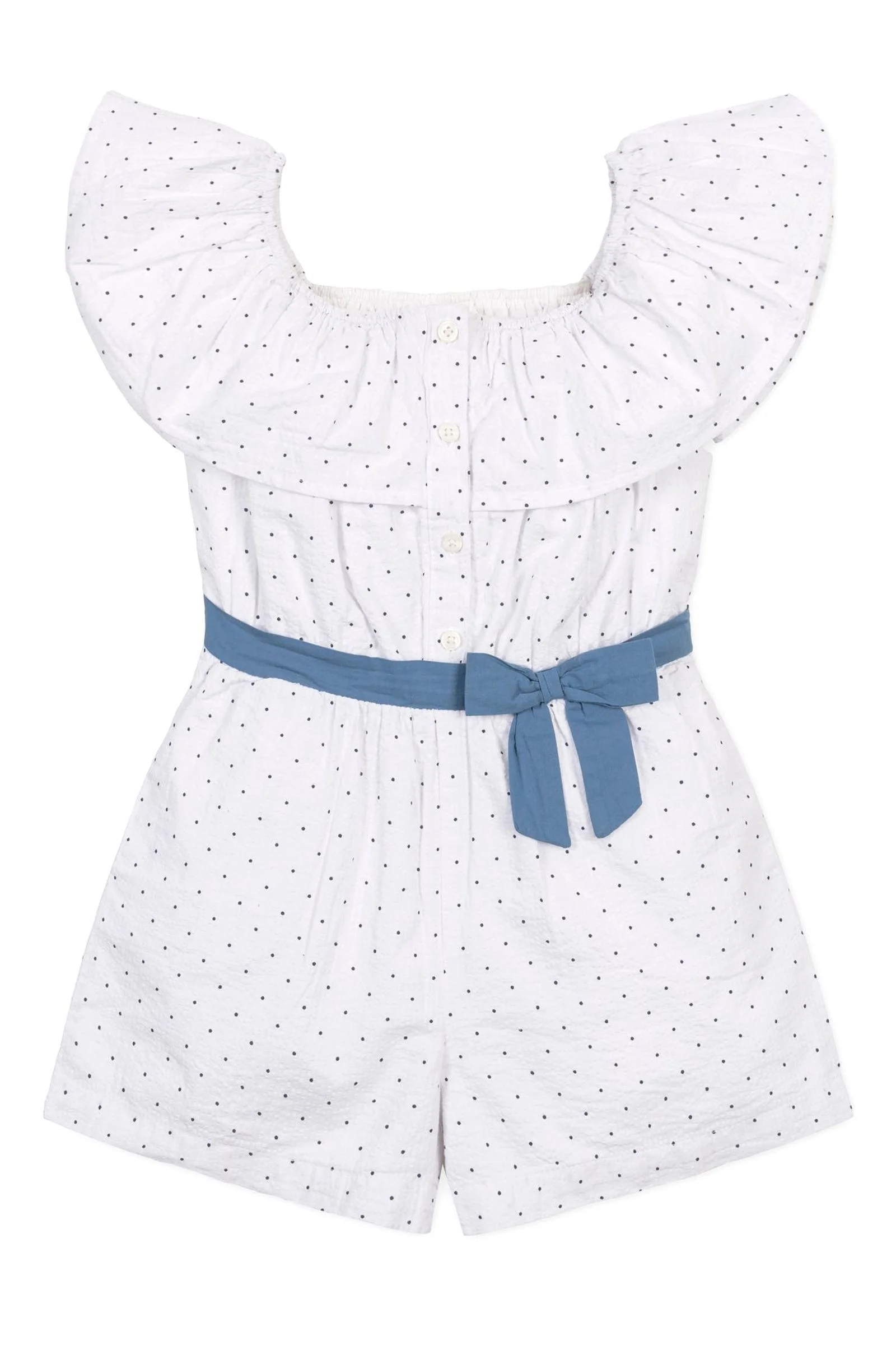 Organic Cotton Seersucker Ruffle Romper, Delft Dot, Toddler & Kids - Image 2