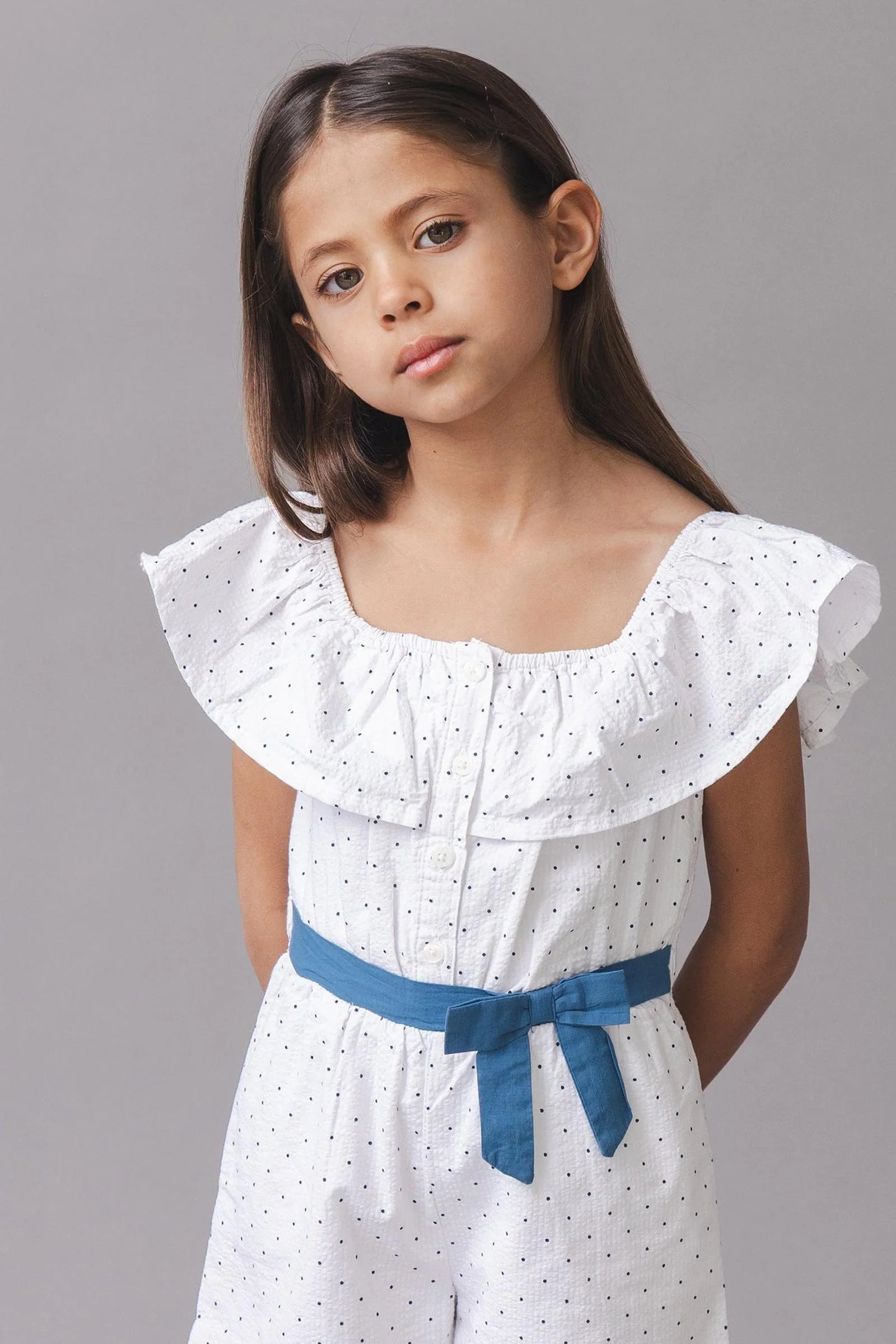 Organic Cotton Seersucker Ruffle Romper, Delft Dot, Toddler & Kids - Image 6