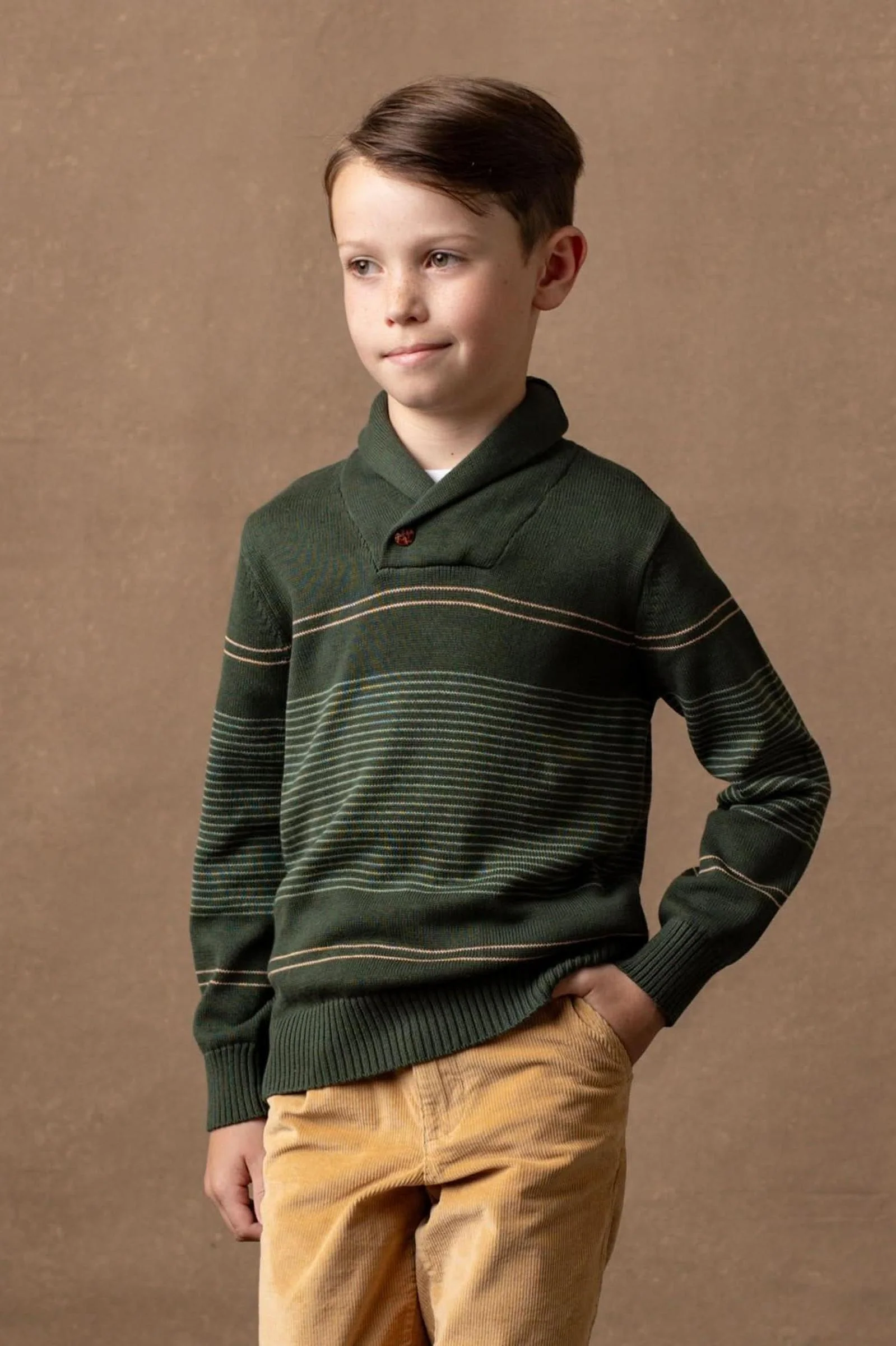 Hope & Henry Organic Cotton Shawl Collar Sweater, Pine and Sage Stripe, Toddler & Kids