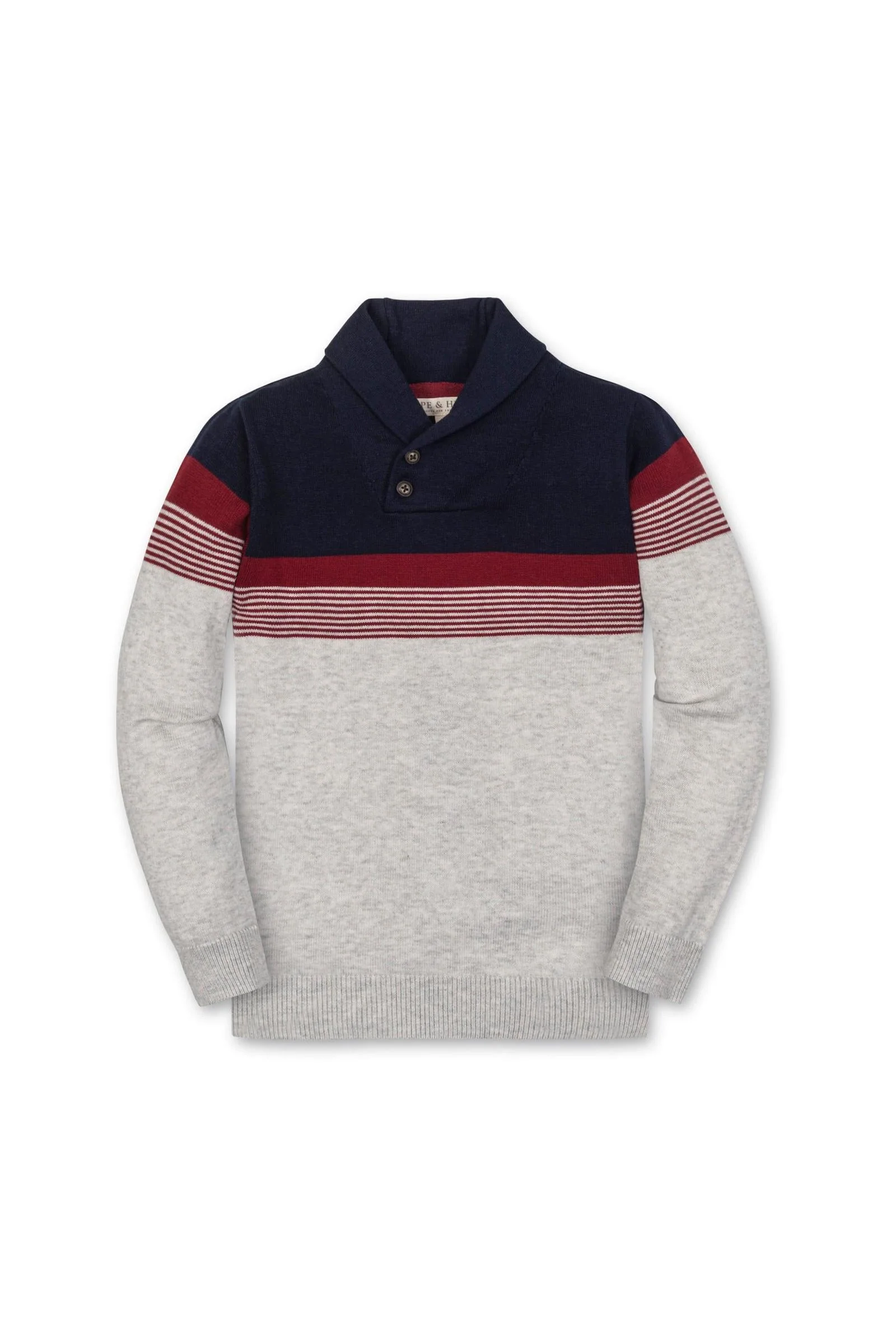 Hope & Henry Organic Cotton Shawl Collar Sweater for Boys, Navy & Light Gray Stripe, Sizes 2-16 - Image 2