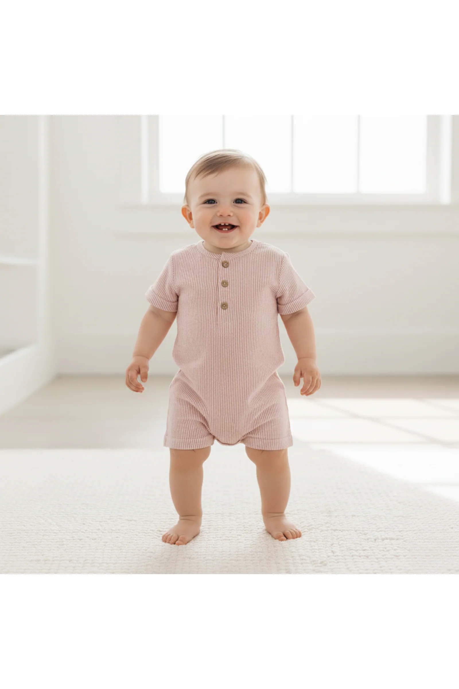 Organic Short Bubble Romper - Coral Stripes - Image 3