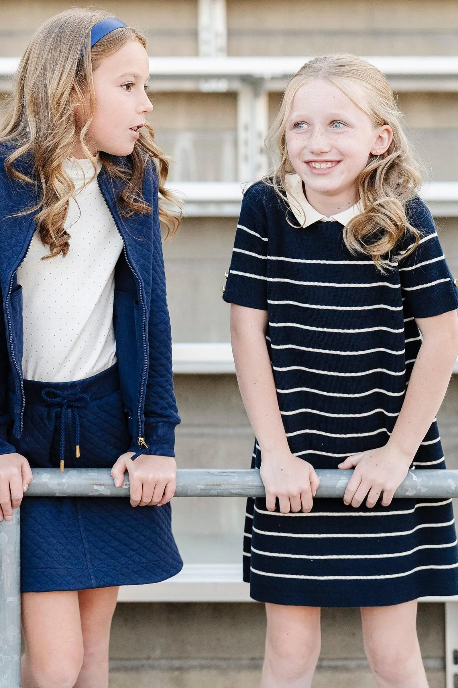 Hope & Henry Organic Cotton Short Sleeve Collared Sweater Dress, Navy Stripe, Toddler & Kids