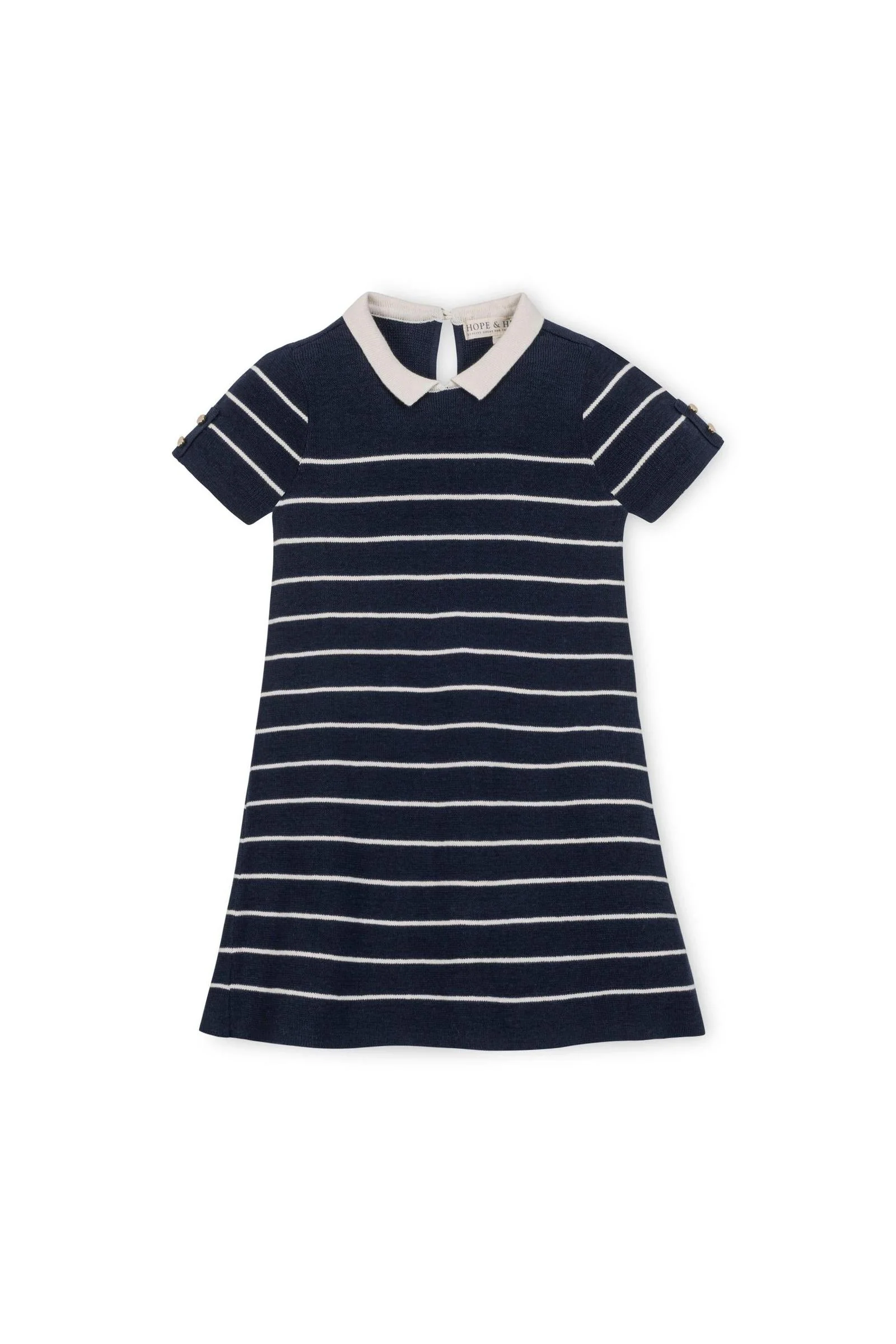 Hope & Henry Organic Cotton Short Sleeve Collared Sweater Dress, Navy Stripe, Toddler & Kids - Image 2