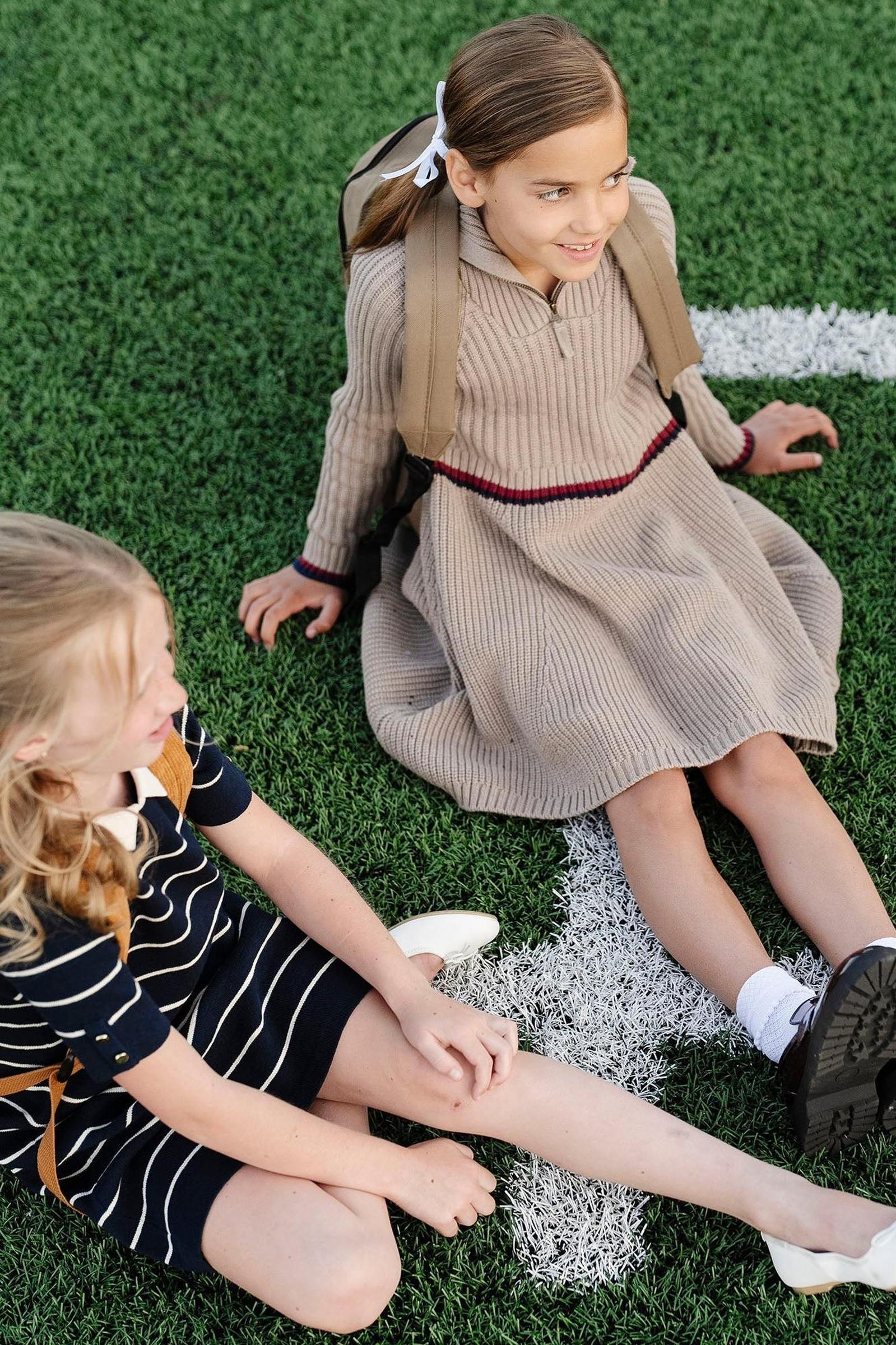 Hope & Henry Organic Cotton Short Sleeve Collared Sweater Dress, Navy Stripe, Toddler & Kids - Image 5