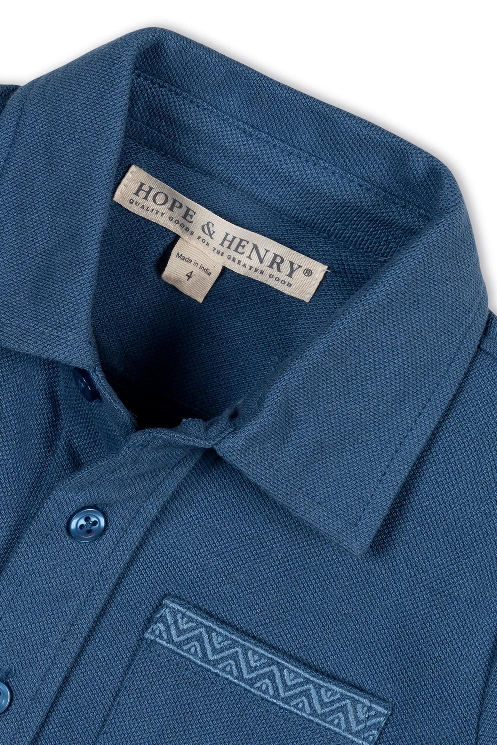 Organic Cotton Short Sleeve Pique Button Down Shirt, Stone Blue, Toddler & Kids - Image 4