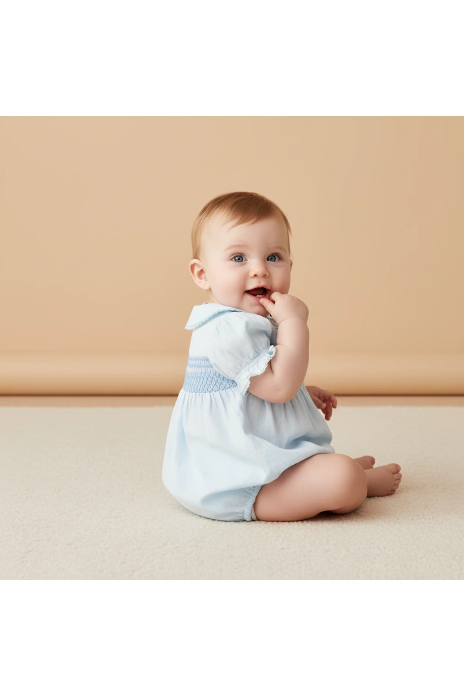 Organic Smocked Button Romper - Light Blue - Image 3