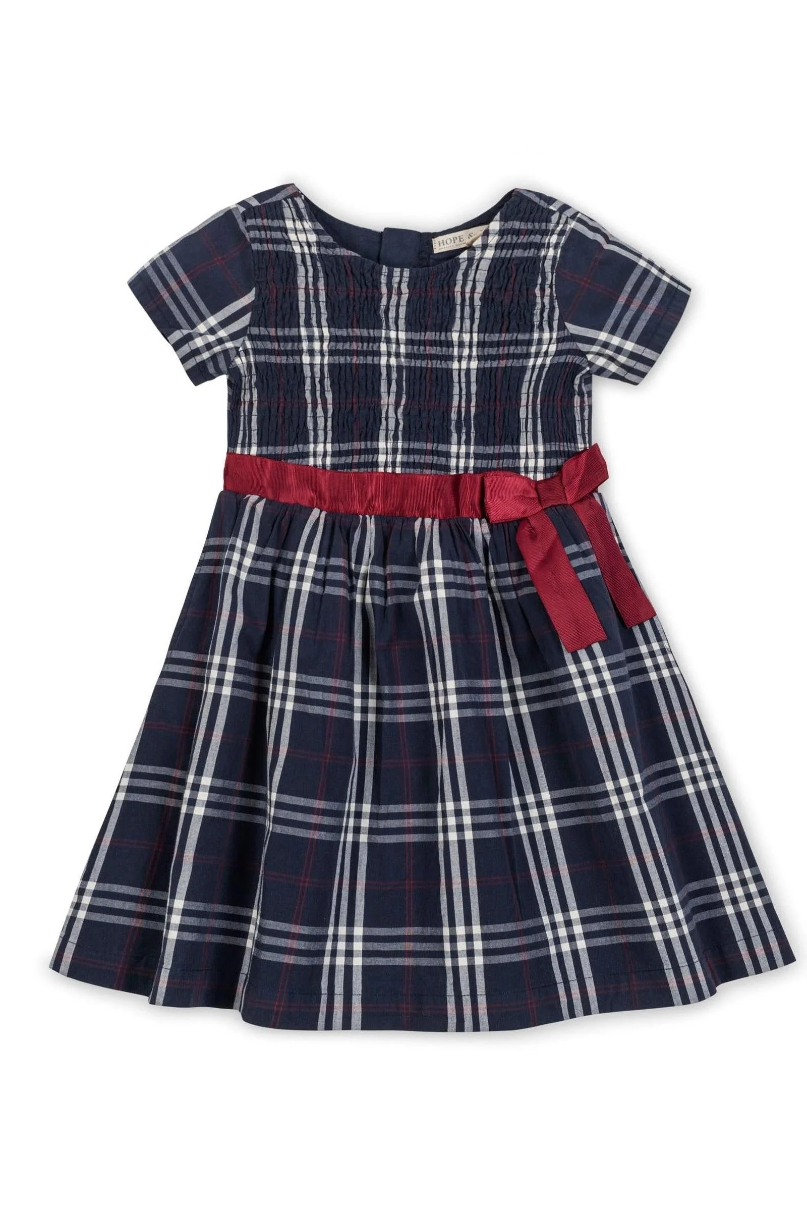 Hope & Henry Organic Cotton Smocked Poplin Dress for Girls, Navy Plaid, Toddler & Kids - Image 2