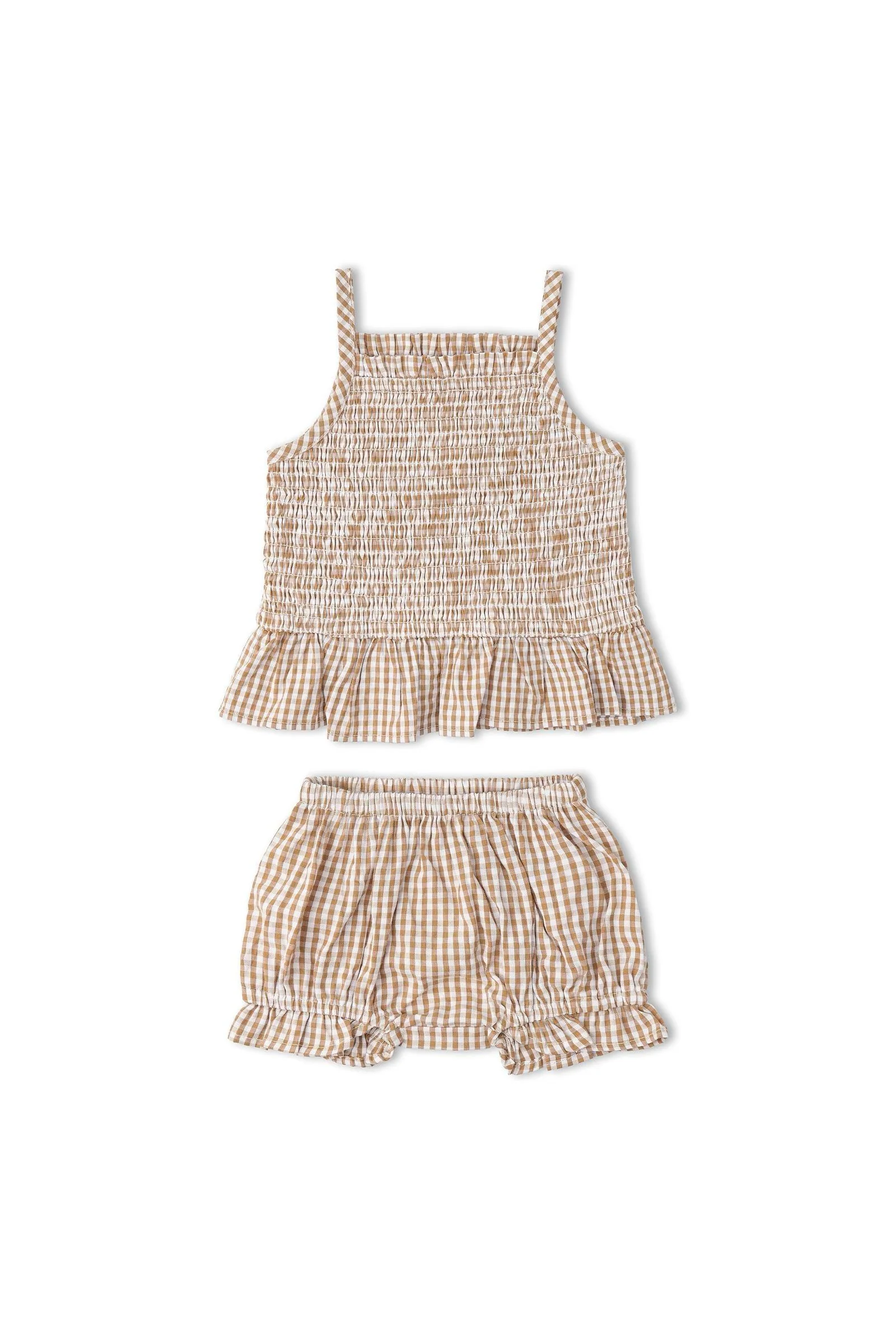 Organic Smocked Top And Bloomer Set - Caramel Check - Image 2