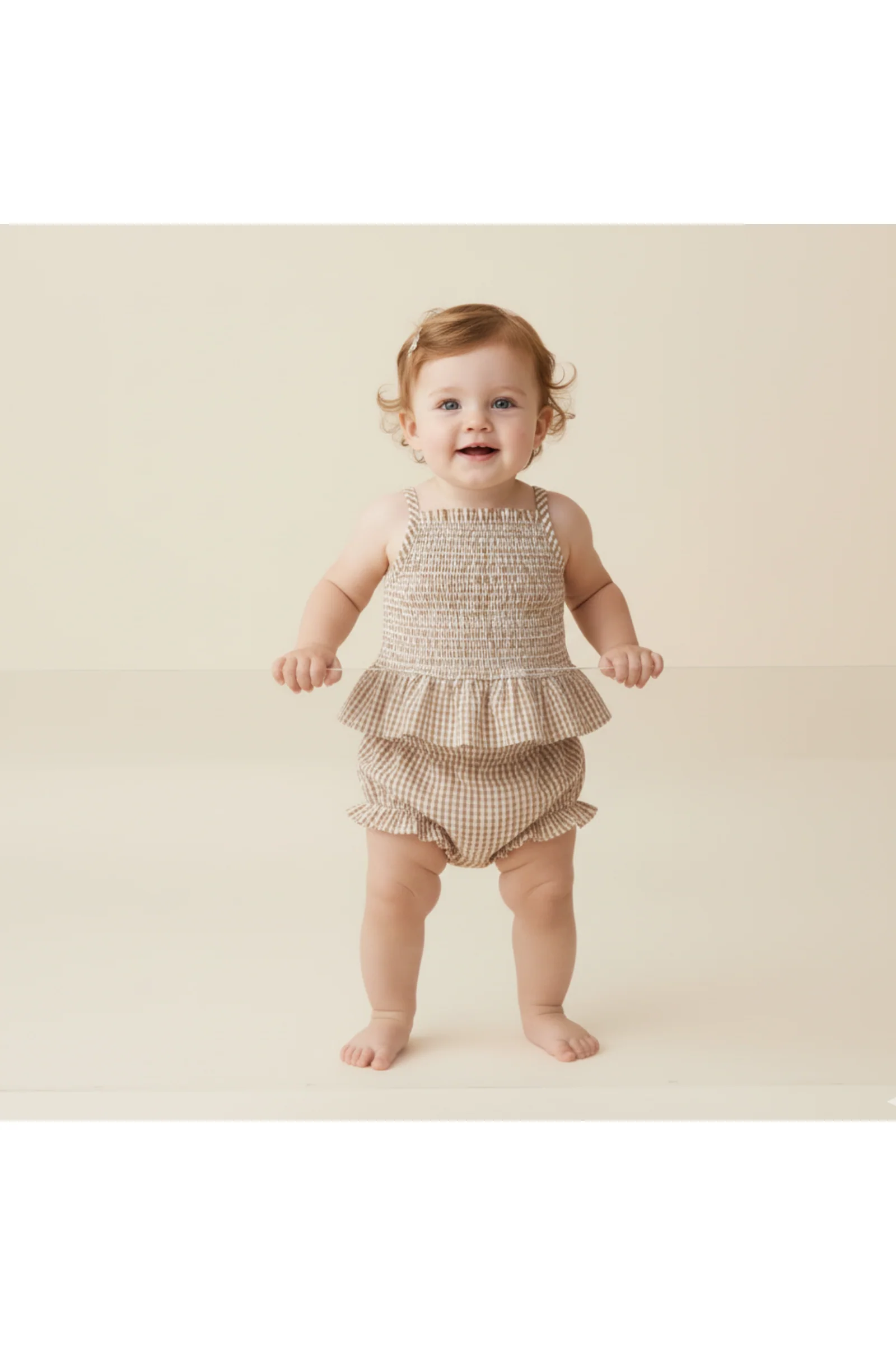 Organic Smocked Top And Bloomer Set - Caramel Check - Image 3