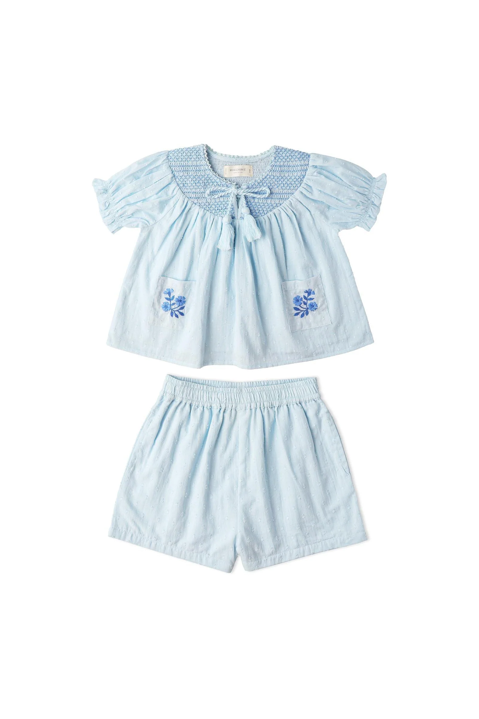 Organic Smocked Top & Shorts Set - Light Blue - Image 2