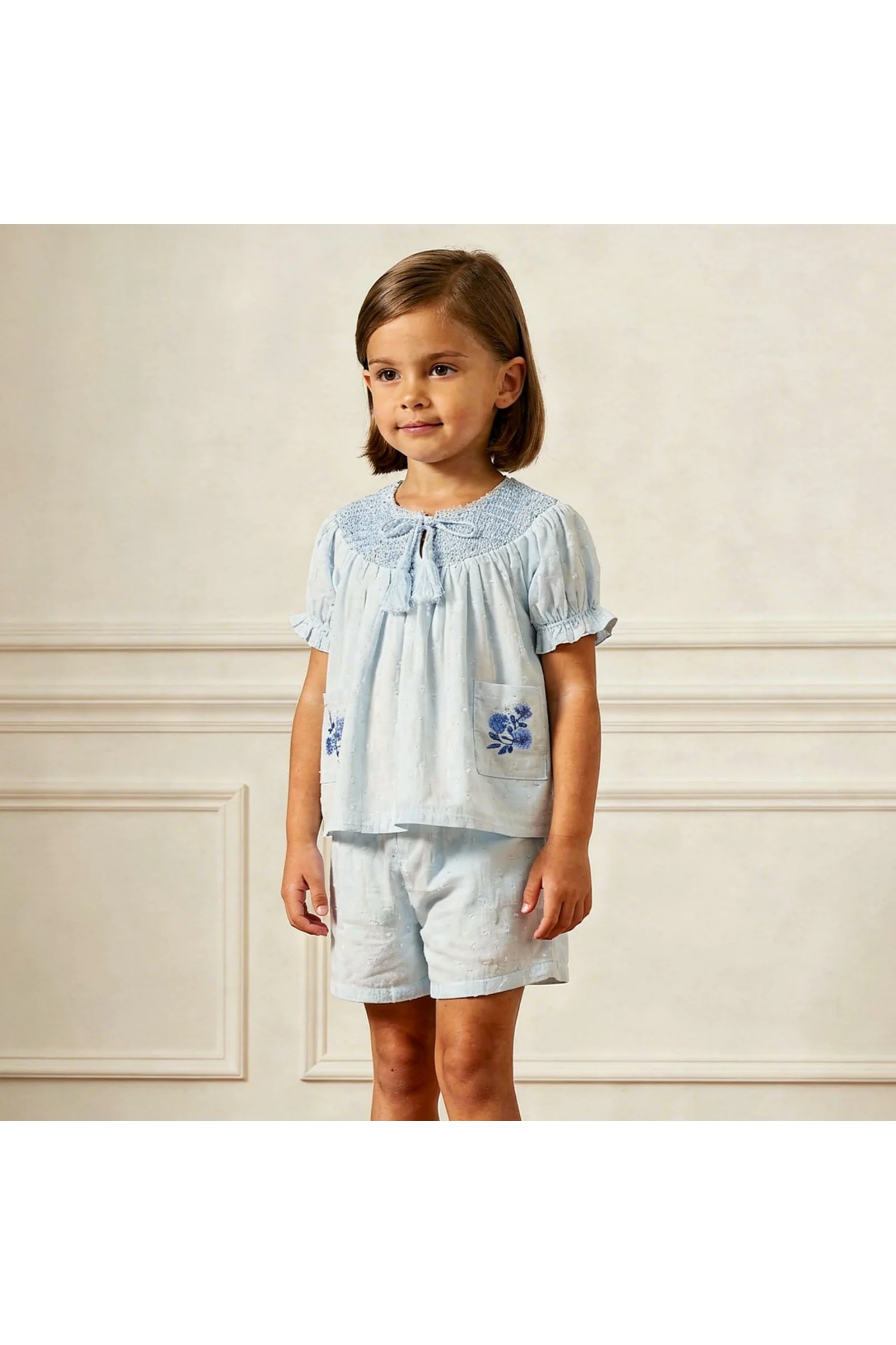 Organic Smocked Top & Shorts Set - Light Blue - Image 3