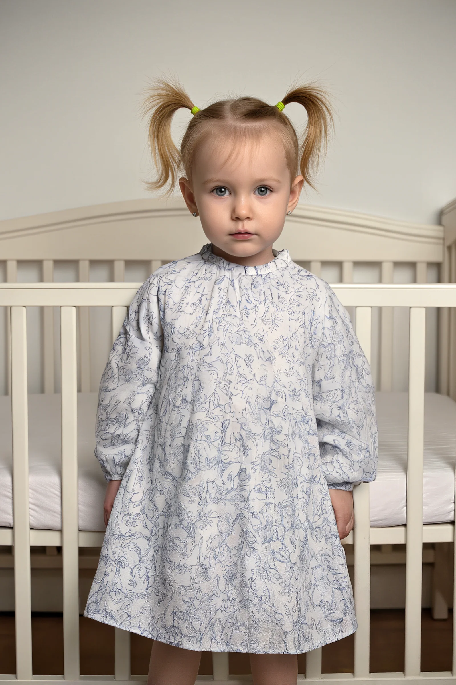 Hope & Henry Organic Cotton Smocked Yoke Dress for Girls, White with Gray Toile Floral Print, Baby