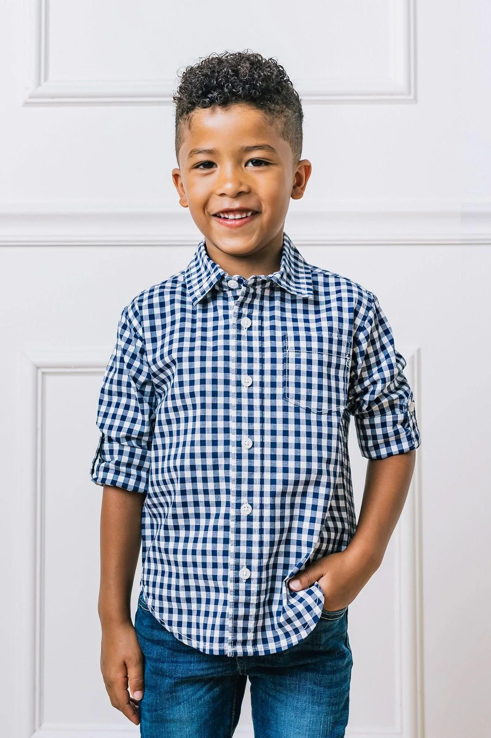 Hope & Henry Organic Cotton Stretch Poplin Roll-Up Shirt, Navy Gingham, 5-18