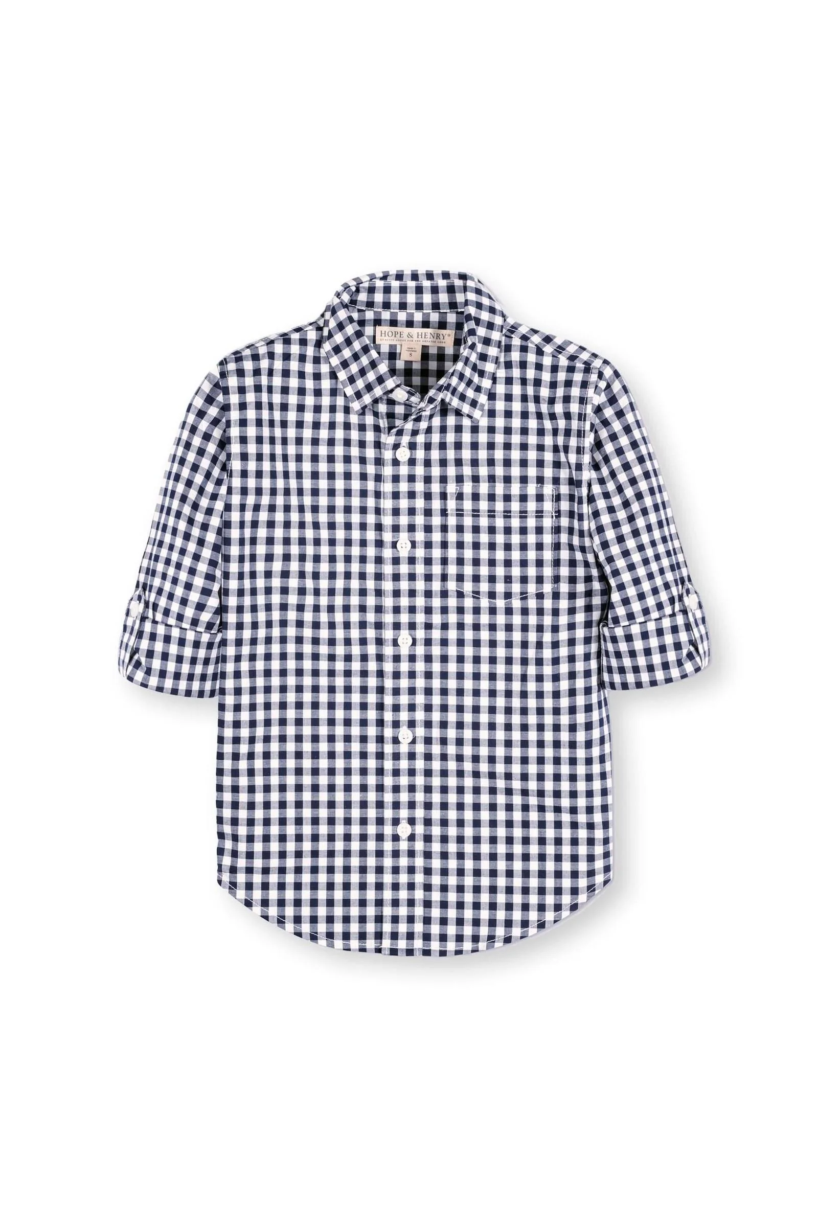 Hope & Henry Organic Cotton Stretch Poplin Roll-Up Shirt, Navy Gingham, 5-18 - Image 2