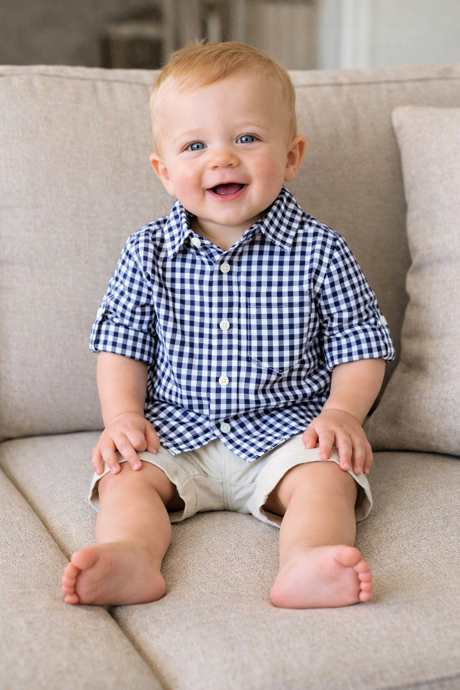 Hope & Henry Organic Cotton Stretch Poplin Roll-Up Shirt for Babies, Navy Gingham