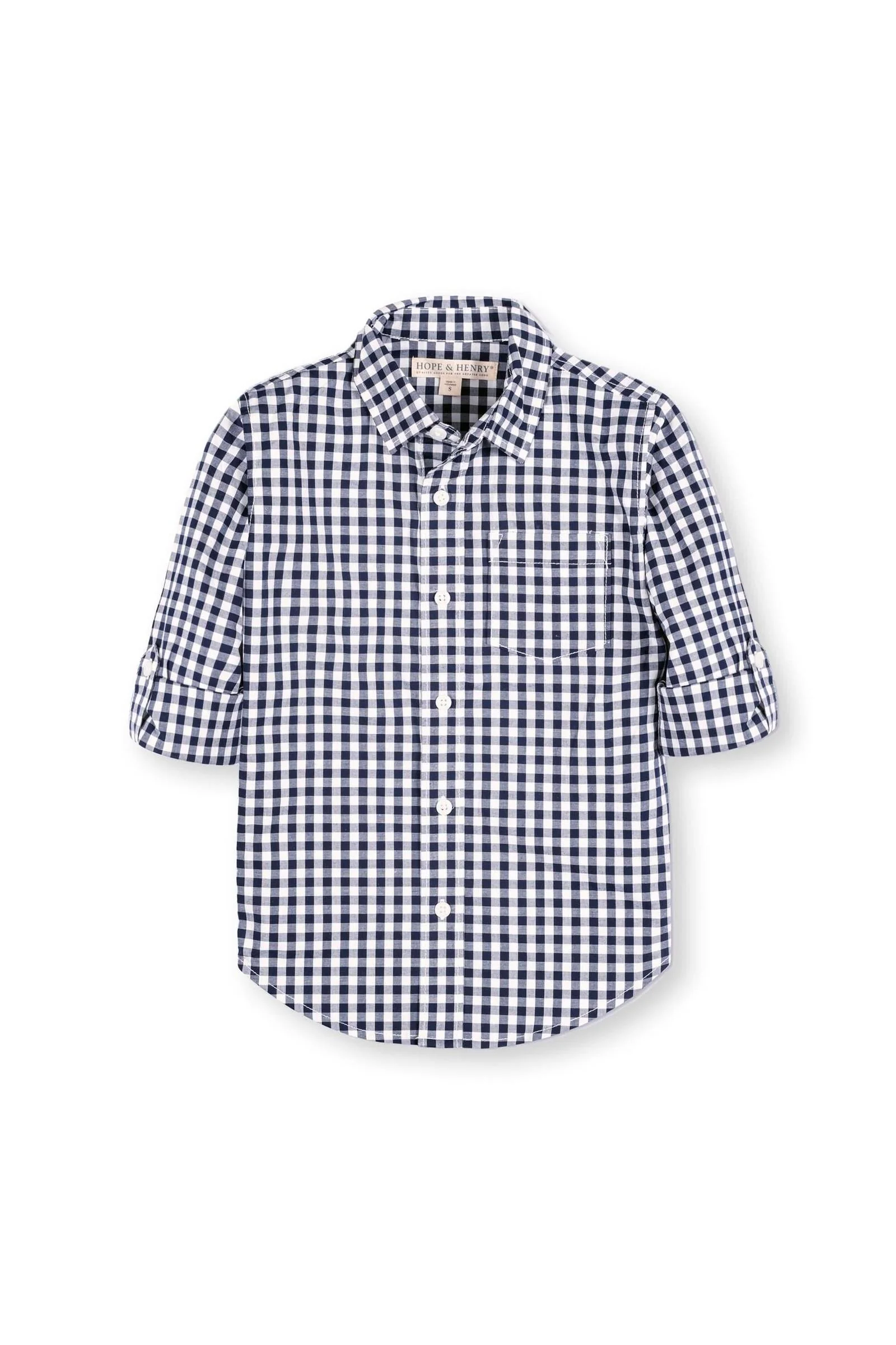 Hope & Henry Organic Cotton Stretch Poplin Roll-Up Shirt for Babies, Navy Gingham - Image 2