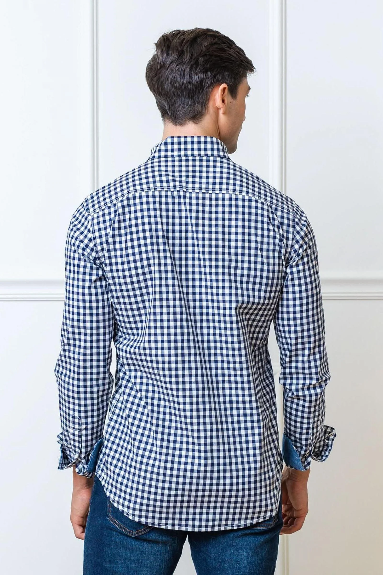 Organic Cotton Stretch Poplin Shirt, Navy Gingham, Men, Family Matching Outfits - Image 5