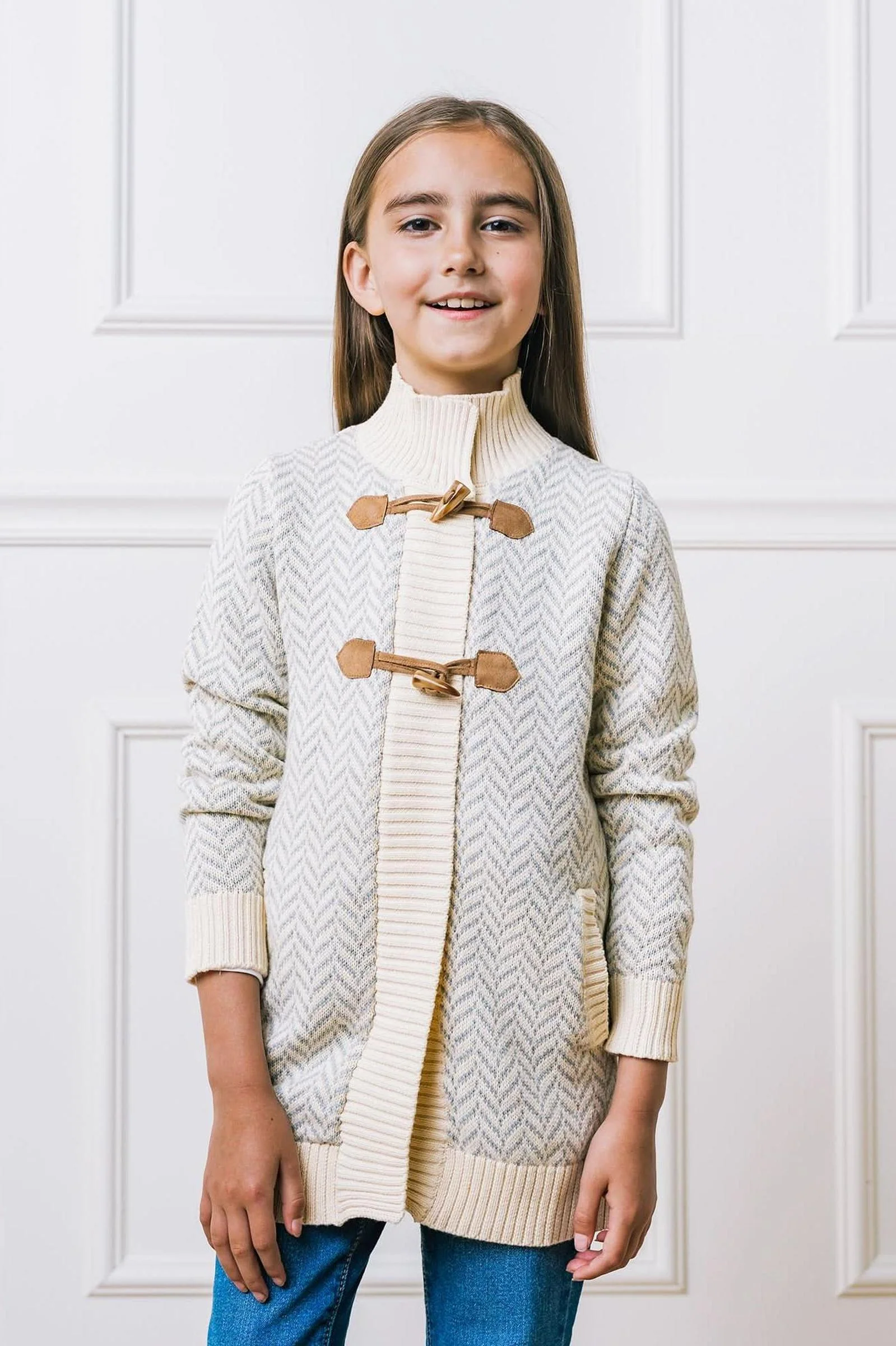 Hope & Henry Organic Cotton Toggle Sweater with Zipper for Girls, Gray, Toddler & Kids