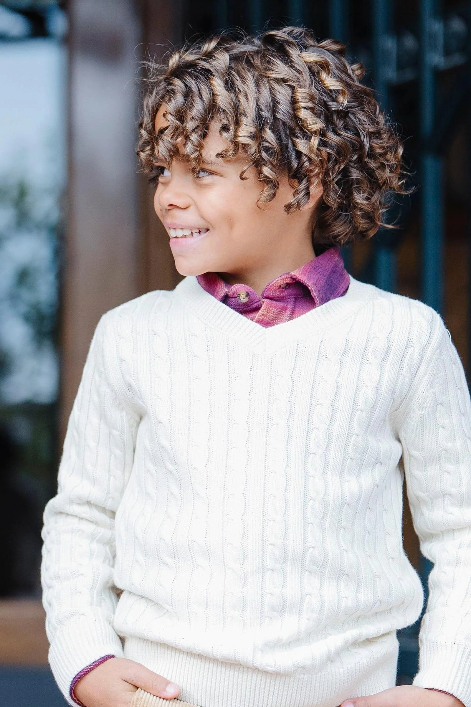 Hope & Henry Organic Cotton V-Neck Cable Sweater, Ivory, Toddler & Kids
