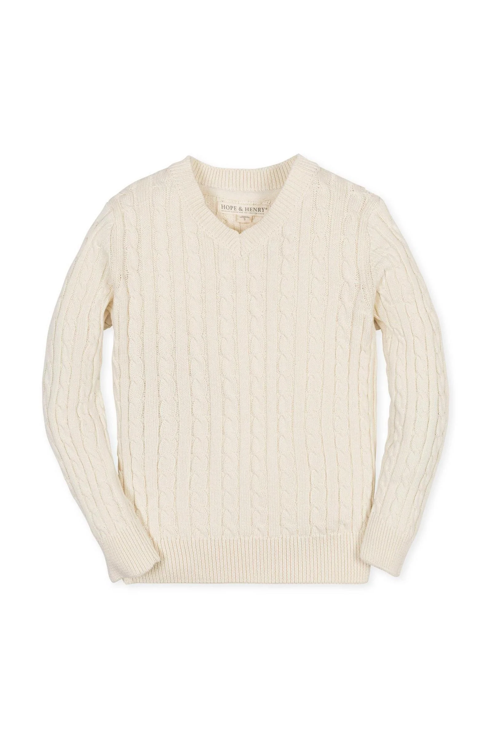 Hope & Henry Organic Cotton V-Neck Cable Sweater, Ivory, Toddler & Kids - Image 2