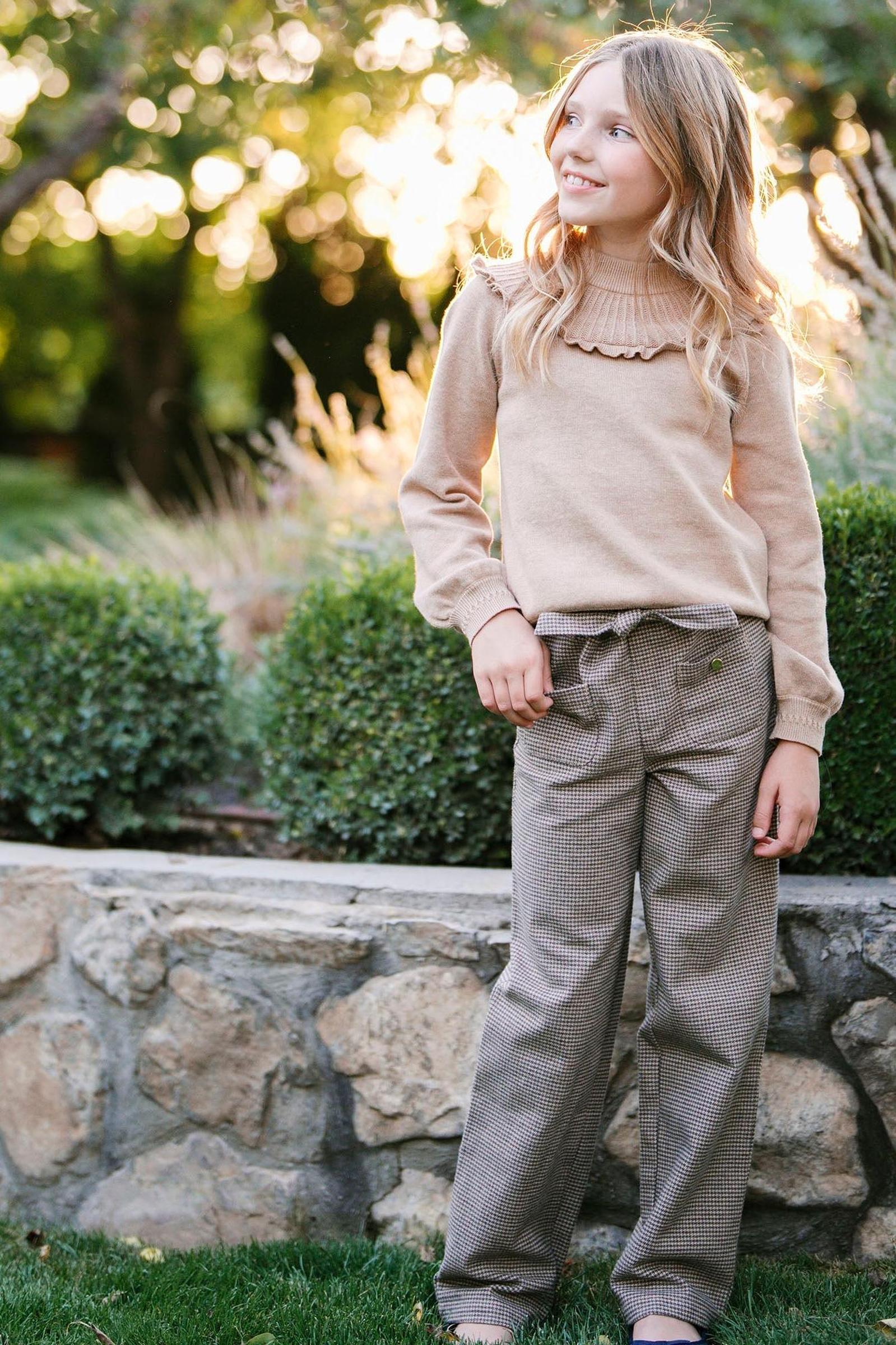Hope & Henry Organic Cotton Wide Leg Dress Pants, Camel Houndstooth, Toddler & Kids