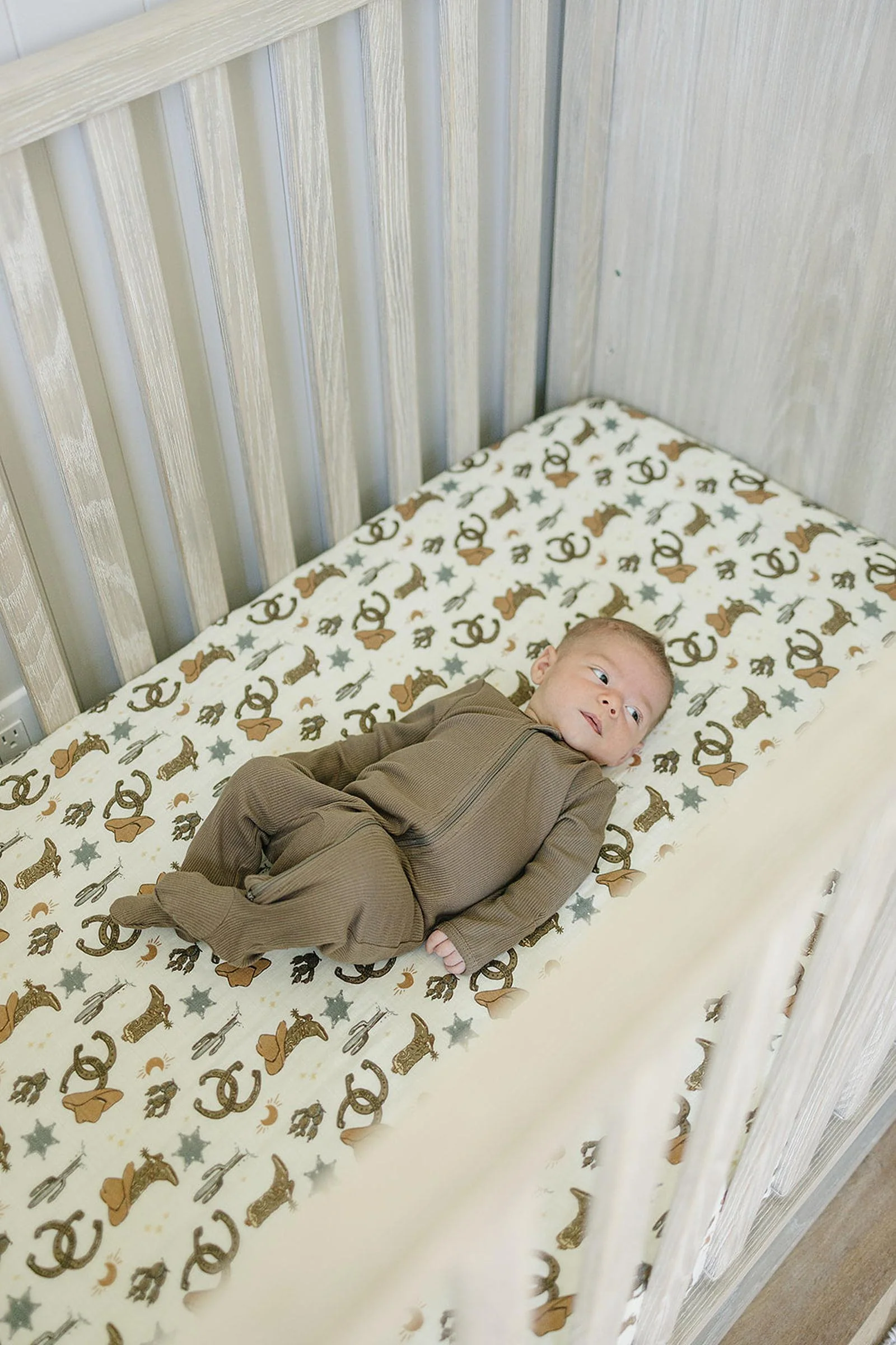 Mebie Baby Outlaw Cowboy Muslin Crib Sheet, 100% Cotton, Rodeo Collection, Neutral Colors, Gender Neutral, Baby - Image 4
