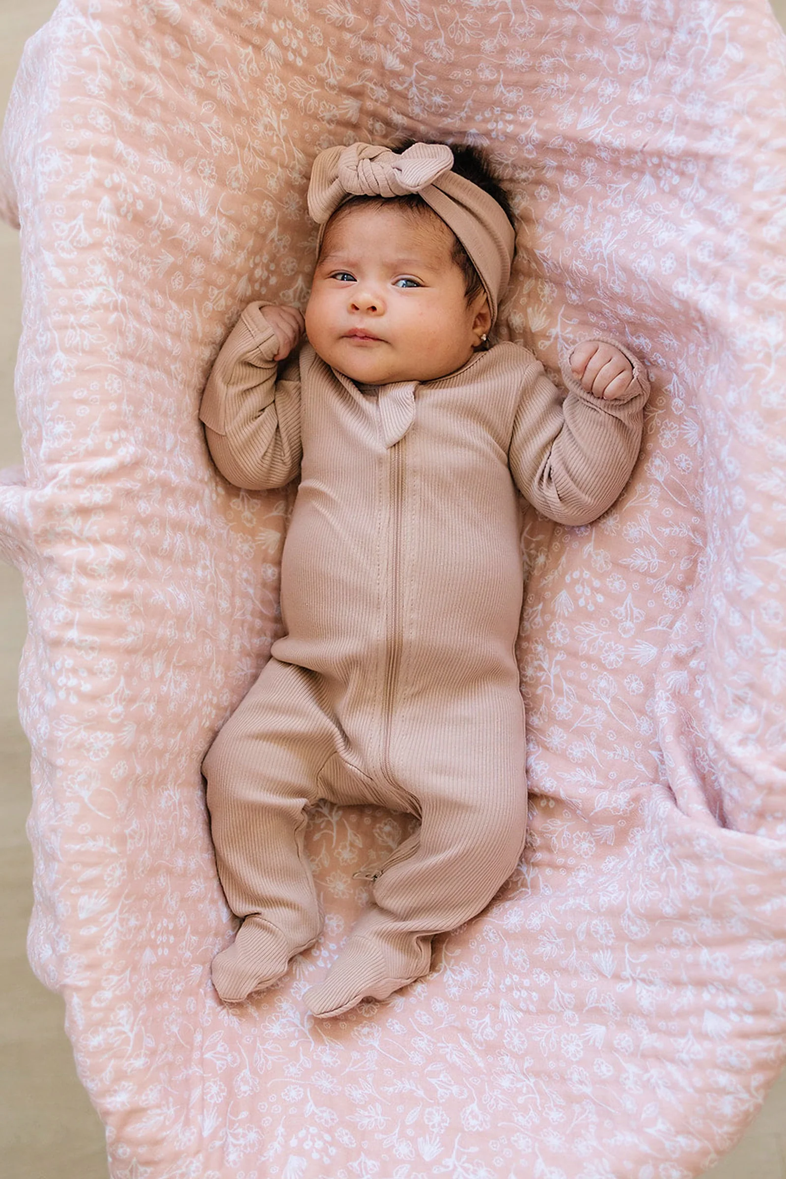 Mebie Baby Pale Pink Ribbed Zipper Footed Pajama, Organic Cotton, Baby Essentials