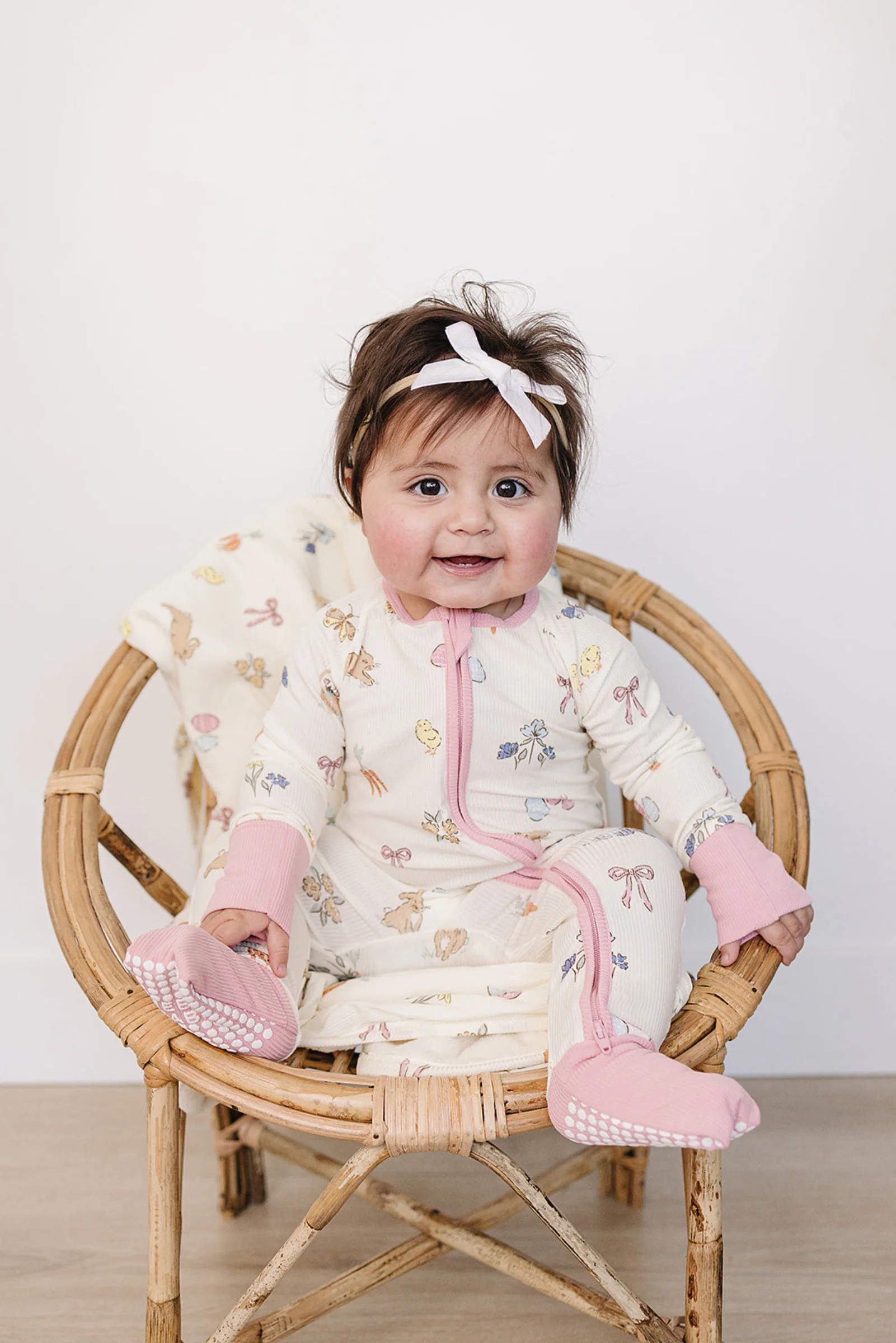 Mebie Baby Pink Bunny Ribbed Bamboo Zipper Pajama for Baby Girls