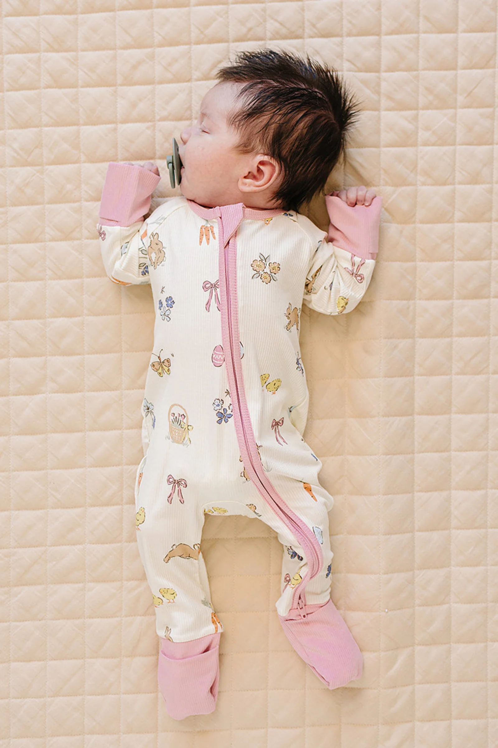 Mebie Baby Pink Bunny Ribbed Bamboo Zipper Pajama for Baby Girls - Image 3