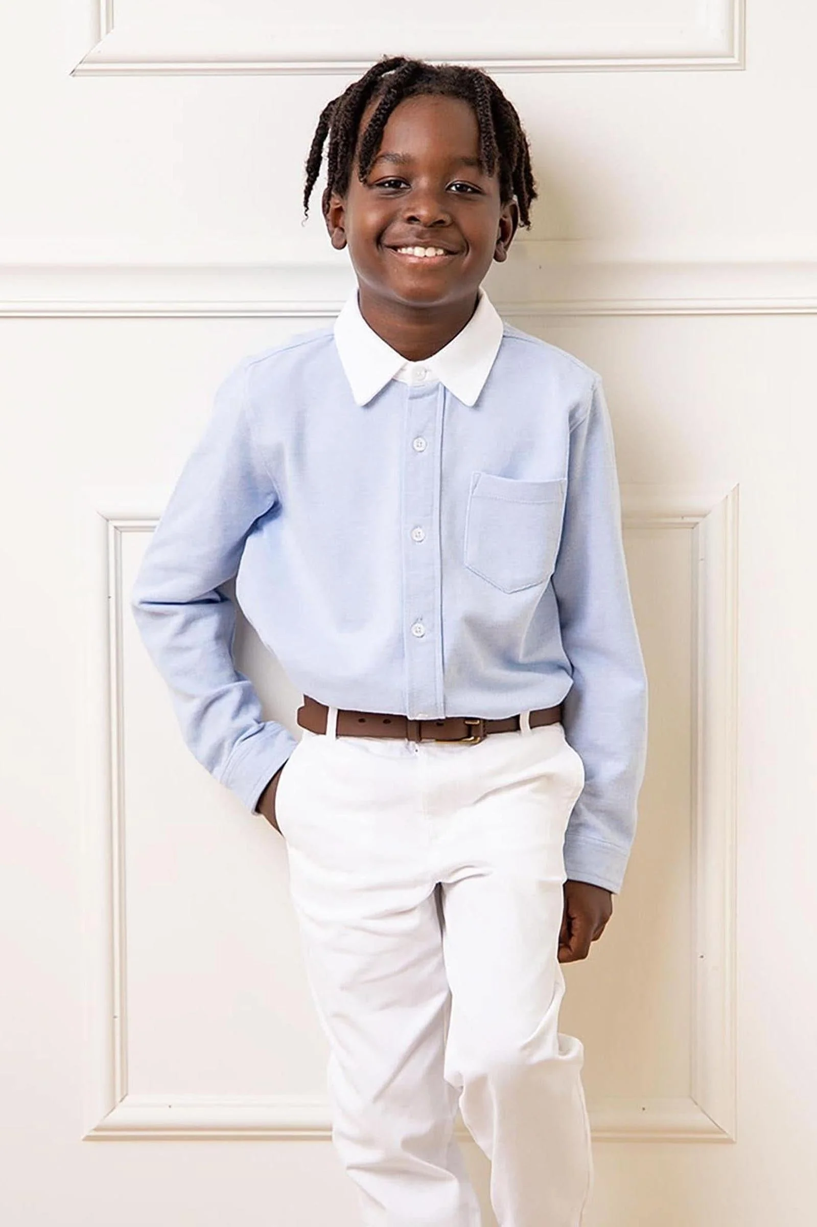 Hope & Henry Pique Organic Cotton Button Down Shirt, Light Blue, Sizes 2T-10