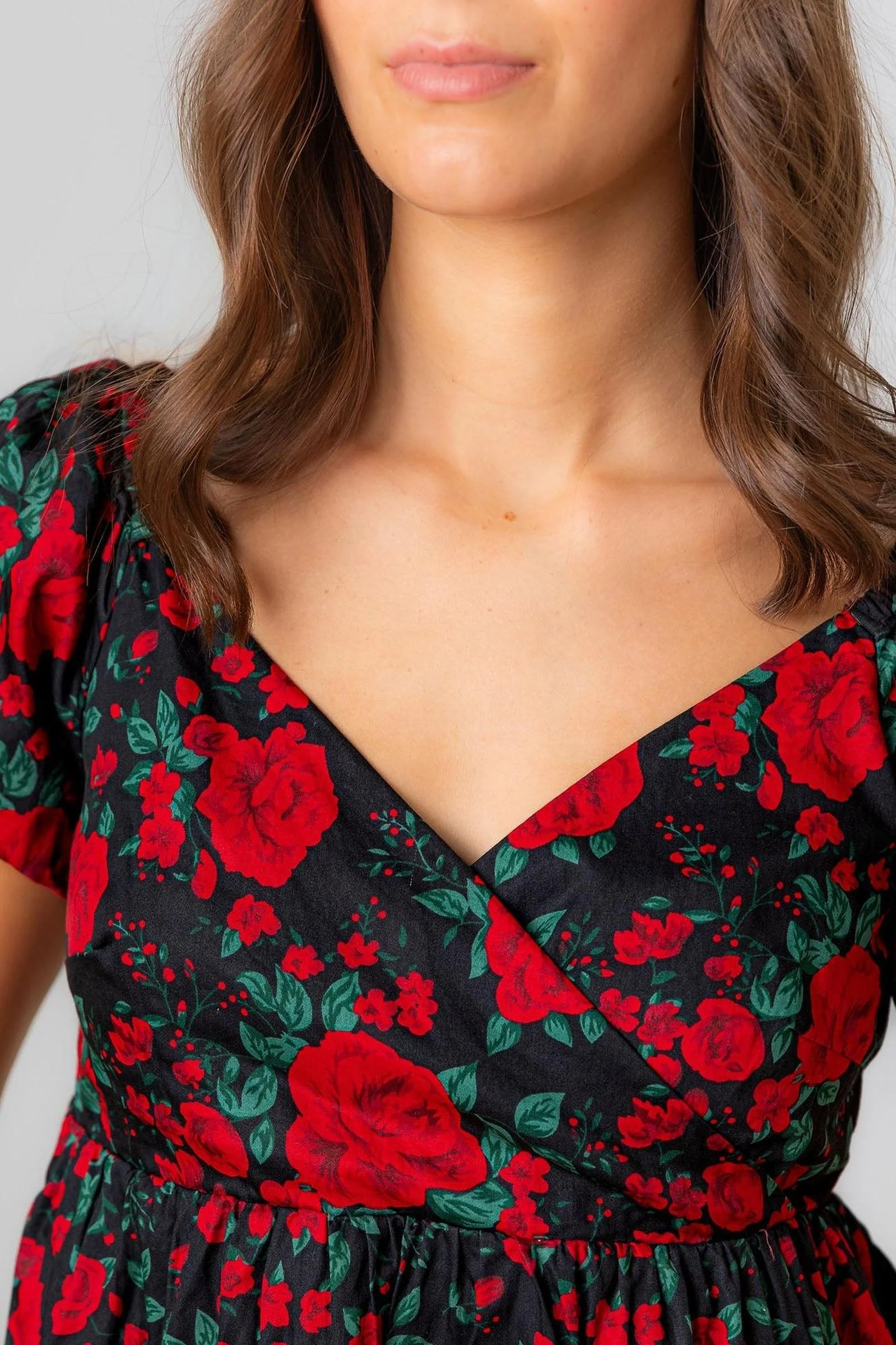 Organic Cotton Puff Sleeve Crossover Dress, Black Holiday Rose, Women, Family Matching Outfits - Image 4