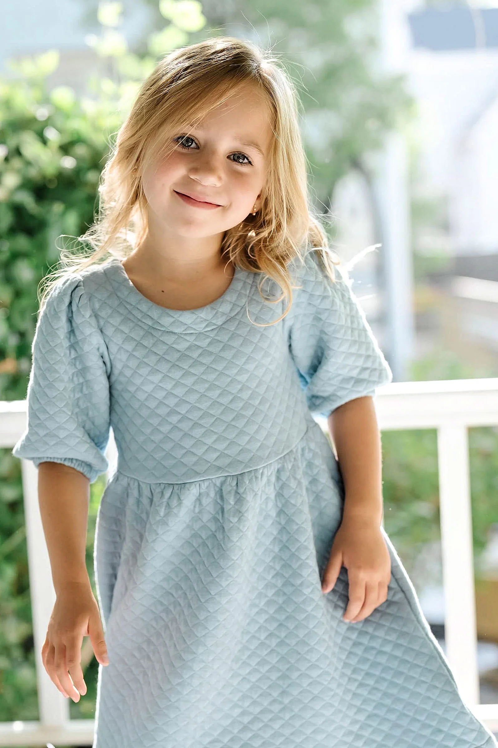 Hope & Henry Organic Cotton Quilted Puff Sleeve Dress, Dusty Blue, Toddler & Kids