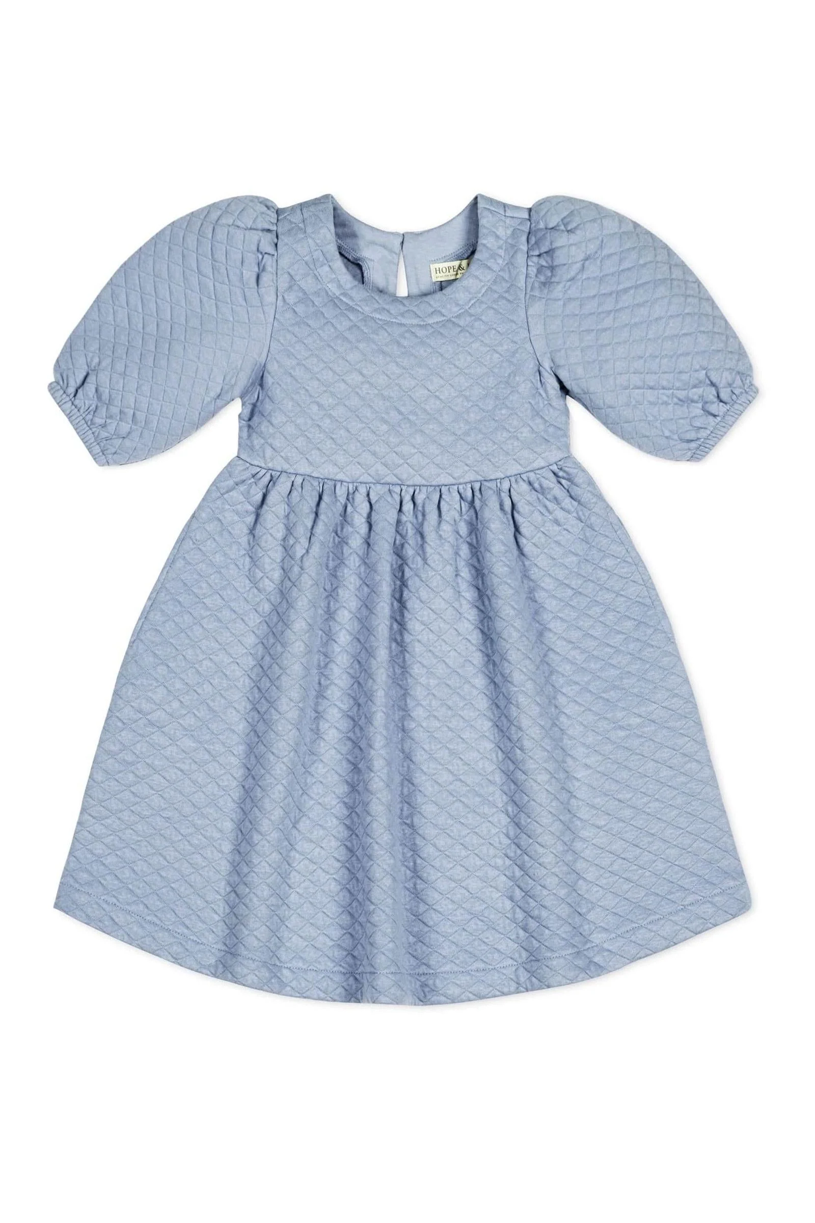 Hope & Henry Organic Cotton Quilted Puff Sleeve Dress, Dusty Blue, Toddler & Kids - Image 2