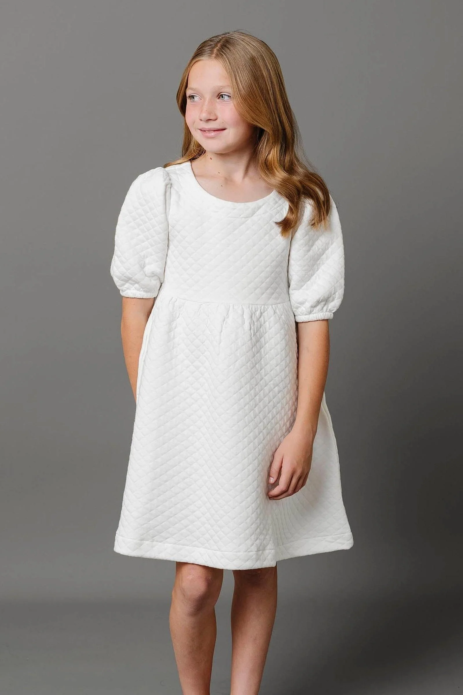Hope & Henry Organic Cotton Quilted Puff Sleeve Dress, Soft White, Toddler & Kids - Image 3
