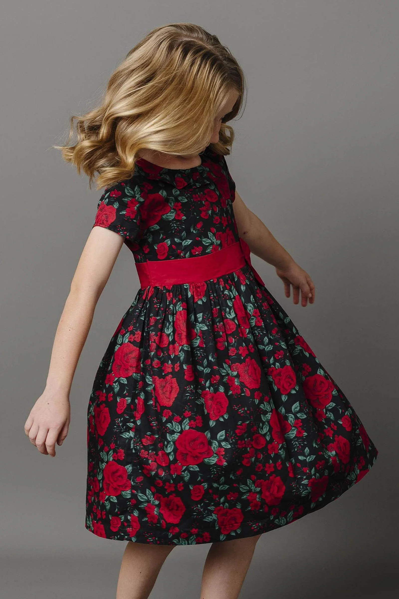 Hope & Henry Organic Cotton Ruffle Collar Floral Party Dress for Girls, Black & Red, Toddler & Kids