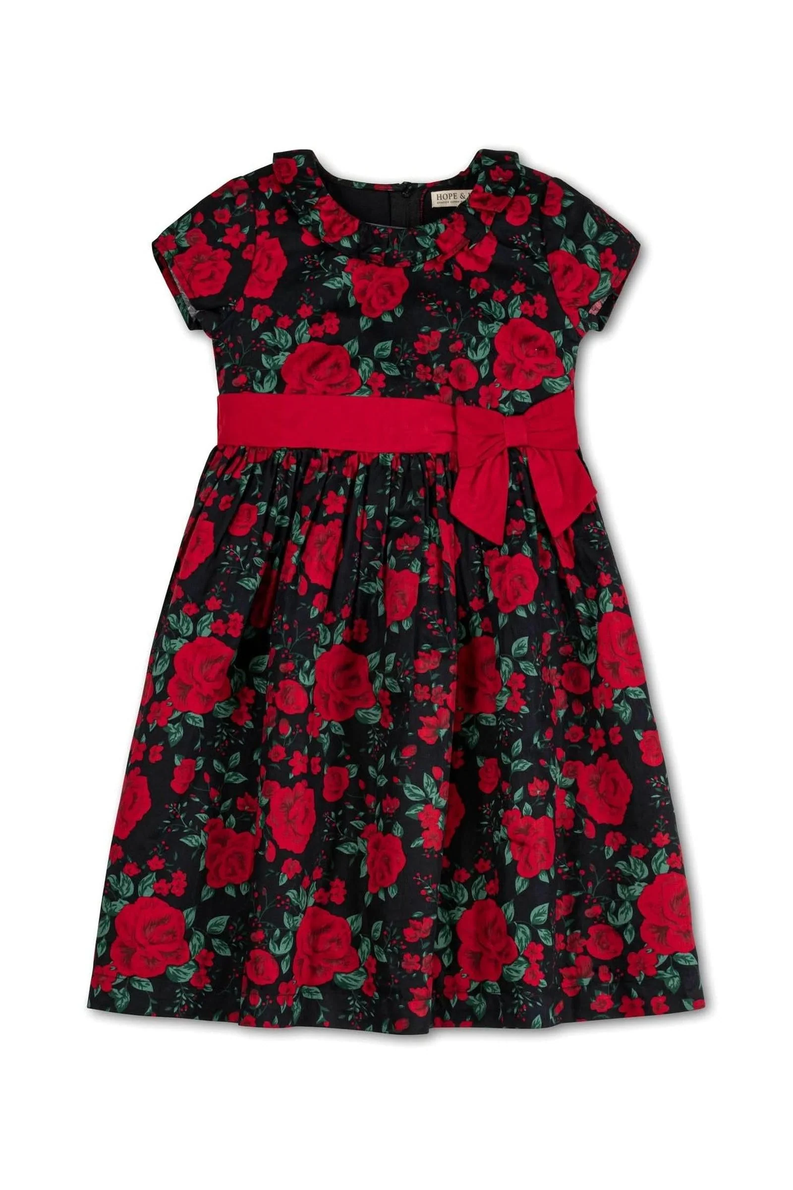 Hope & Henry Organic Cotton Ruffle Collar Floral Party Dress for Girls, Black & Red, Toddler & Kids - Image 2