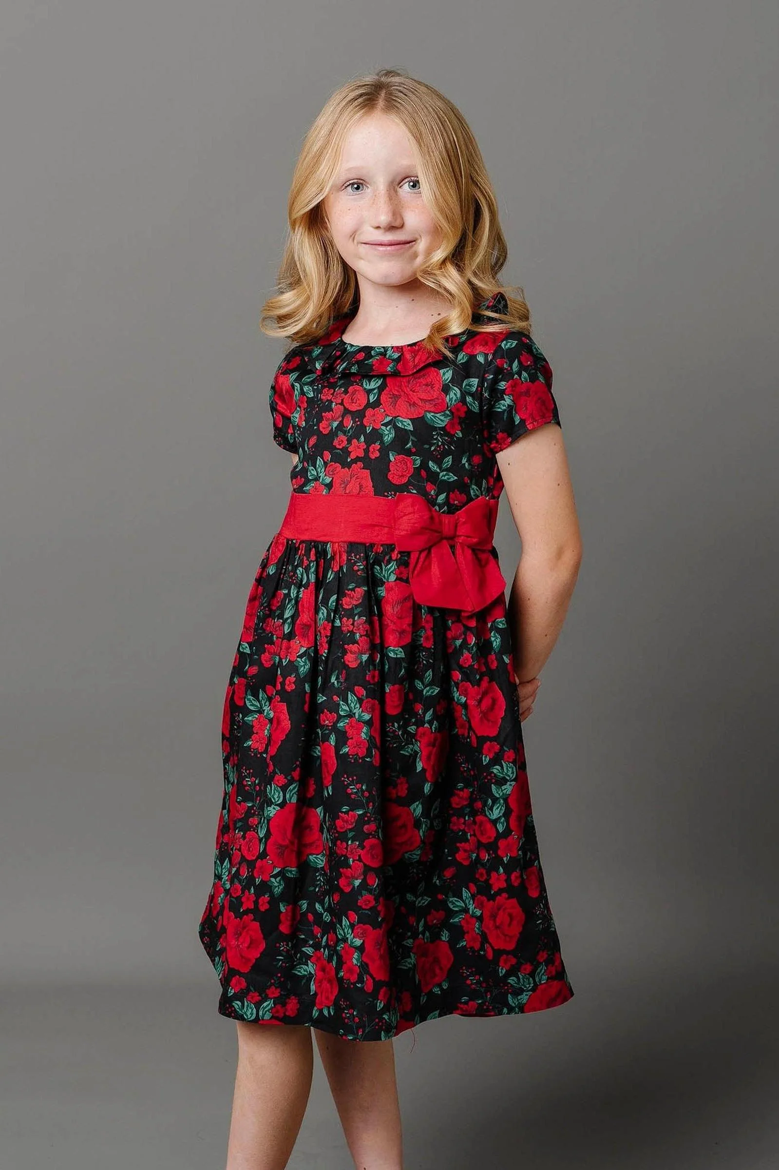 Hope & Henry Organic Cotton Ruffle Collar Floral Party Dress for Girls, Black & Red, Toddler & Kids - Image 3