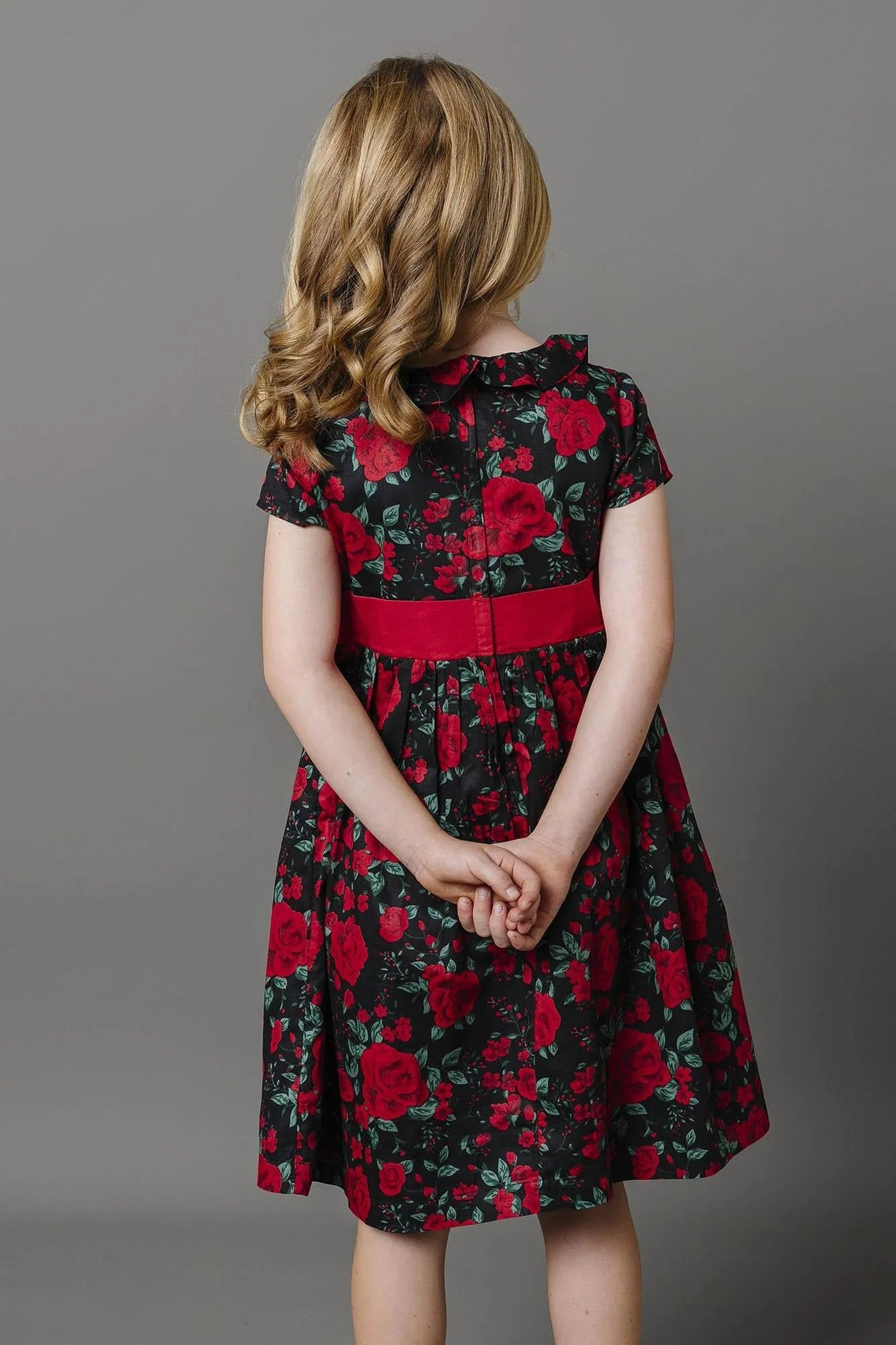 Hope & Henry Organic Cotton Ruffle Collar Floral Party Dress for Girls, Black & Red, Toddler & Kids - Image 8