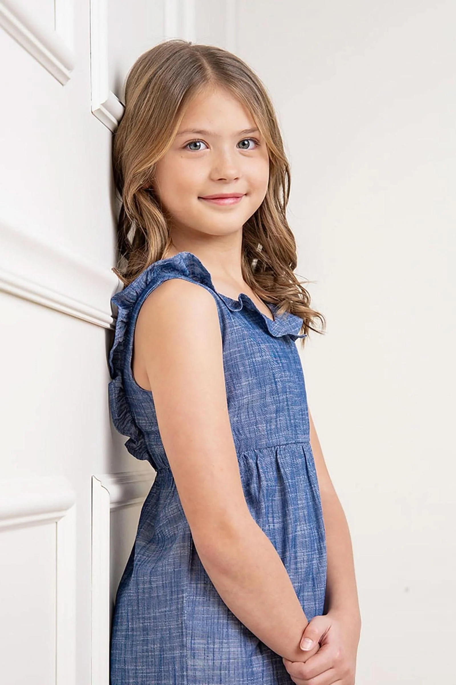 Hope & Henry Girl Ruffle Neck Organic Cotton Jumpsuit, Chambray, Toddler & Kids - Image 3