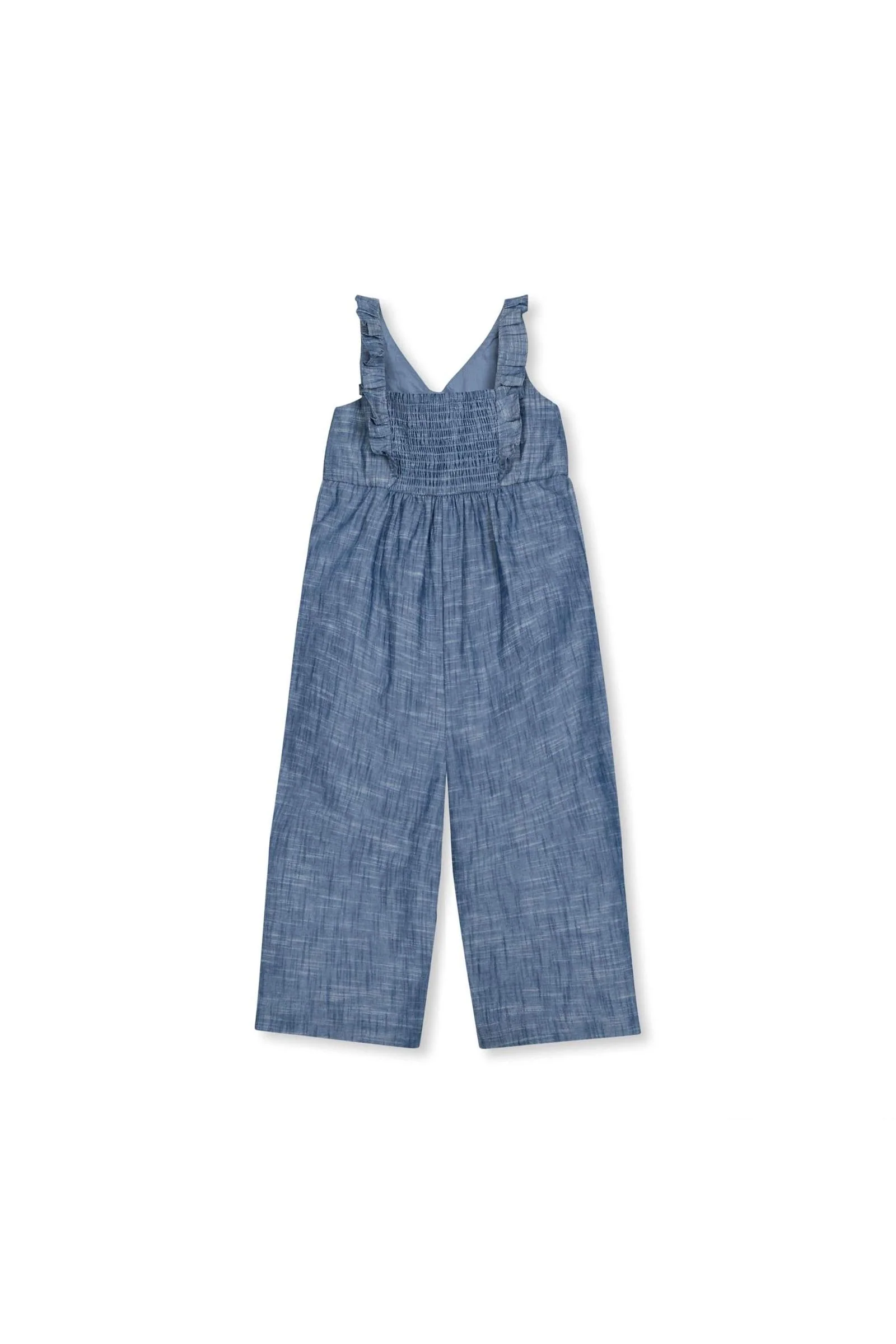 Hope & Henry Girl Ruffle Neck Organic Cotton Jumpsuit, Chambray, Toddler & Kids - Image 7
