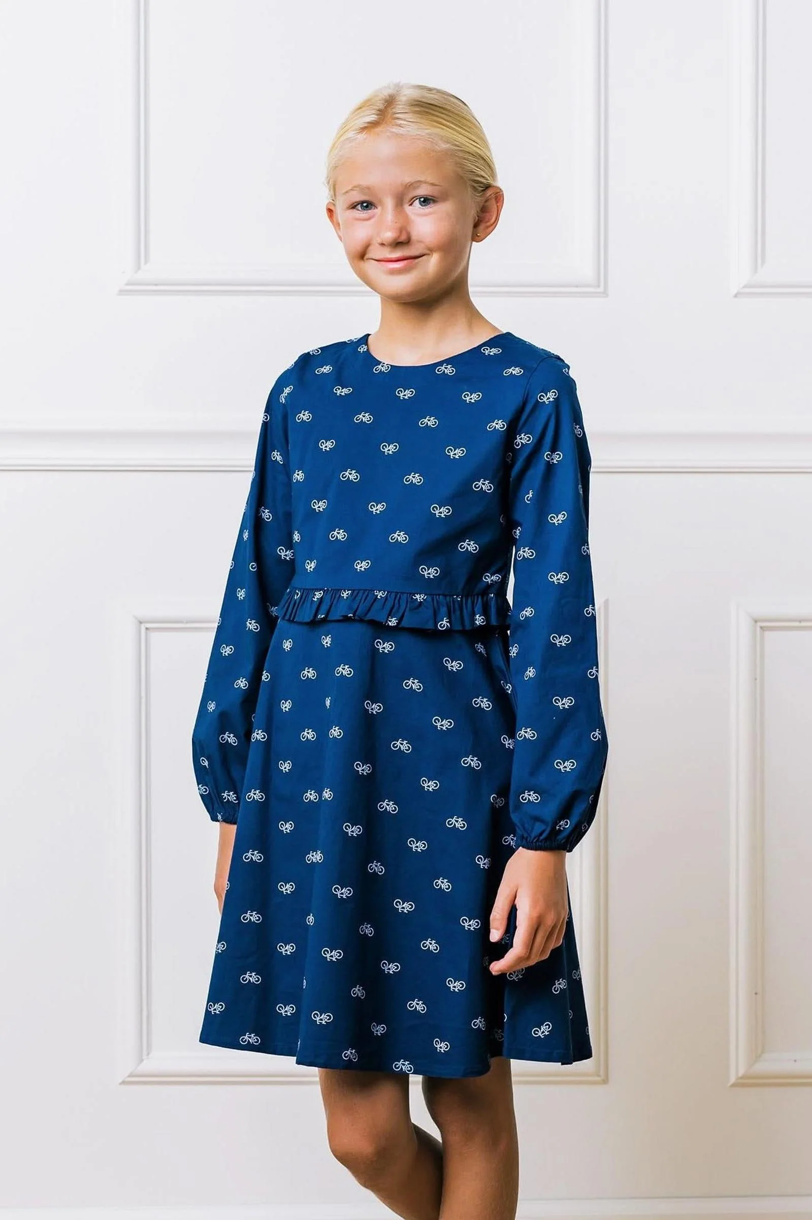 Hope & Henry Organic Cotton Ruffle Waist Dress, Navy Bicycle Print, Toddler & Kids